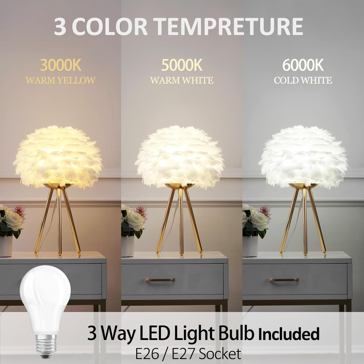 Feather Table Lamp with Gold Tripod Base – Aesthetic Lighting for Bedrooms & Living Rooms