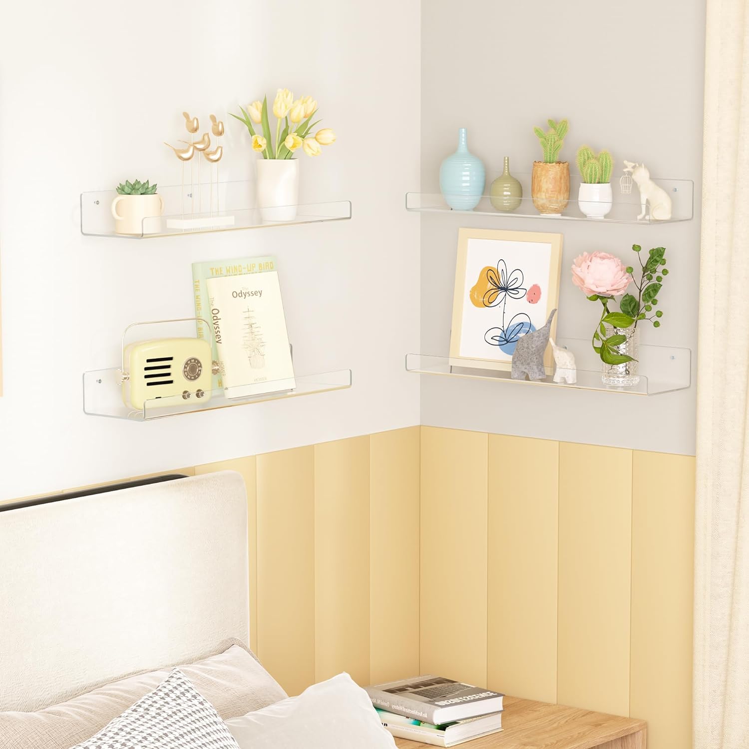 4 Pack Acrylic Clear Shelves for Wall Storage, 15" Floating Bookshelves for Display Shelf Organizer for Bathroom, Bedroom, Living Room, Kitchen.