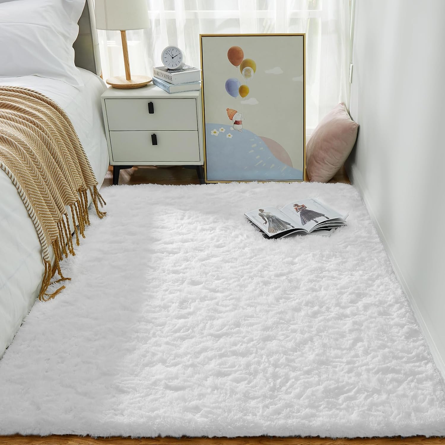 Rug Fluffy Ivory Shag Area 4x6' - Soft Plush Carpet for Bedroom, Nursery, Living Room