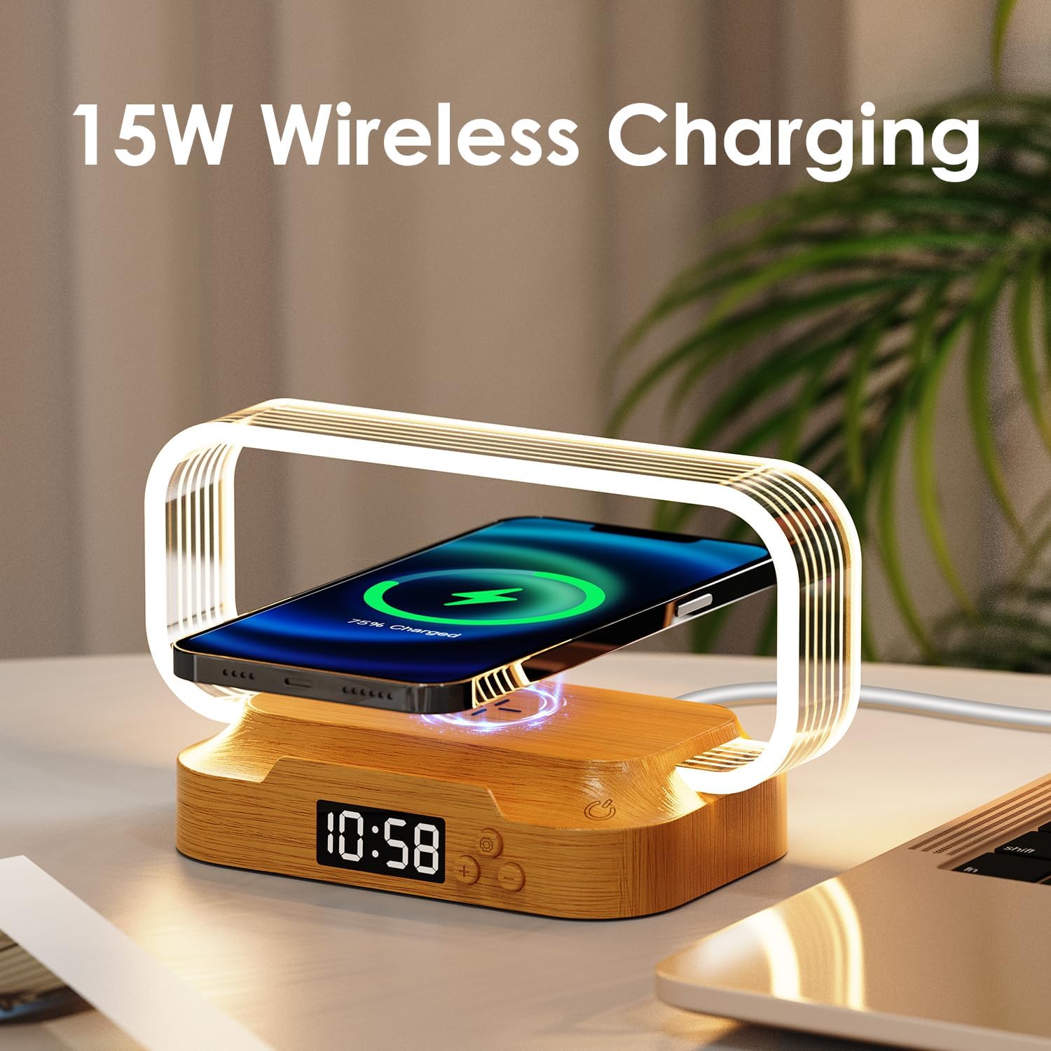 Small Nightstand Lamp with Wireless Charger,Cute Bedside Lamp with Clock,Small Table Lamp for Bedroom,Mini Night Light for Bedroom,Tiny Lamp as Gift,Stepless Dimmable,3 Color Modes