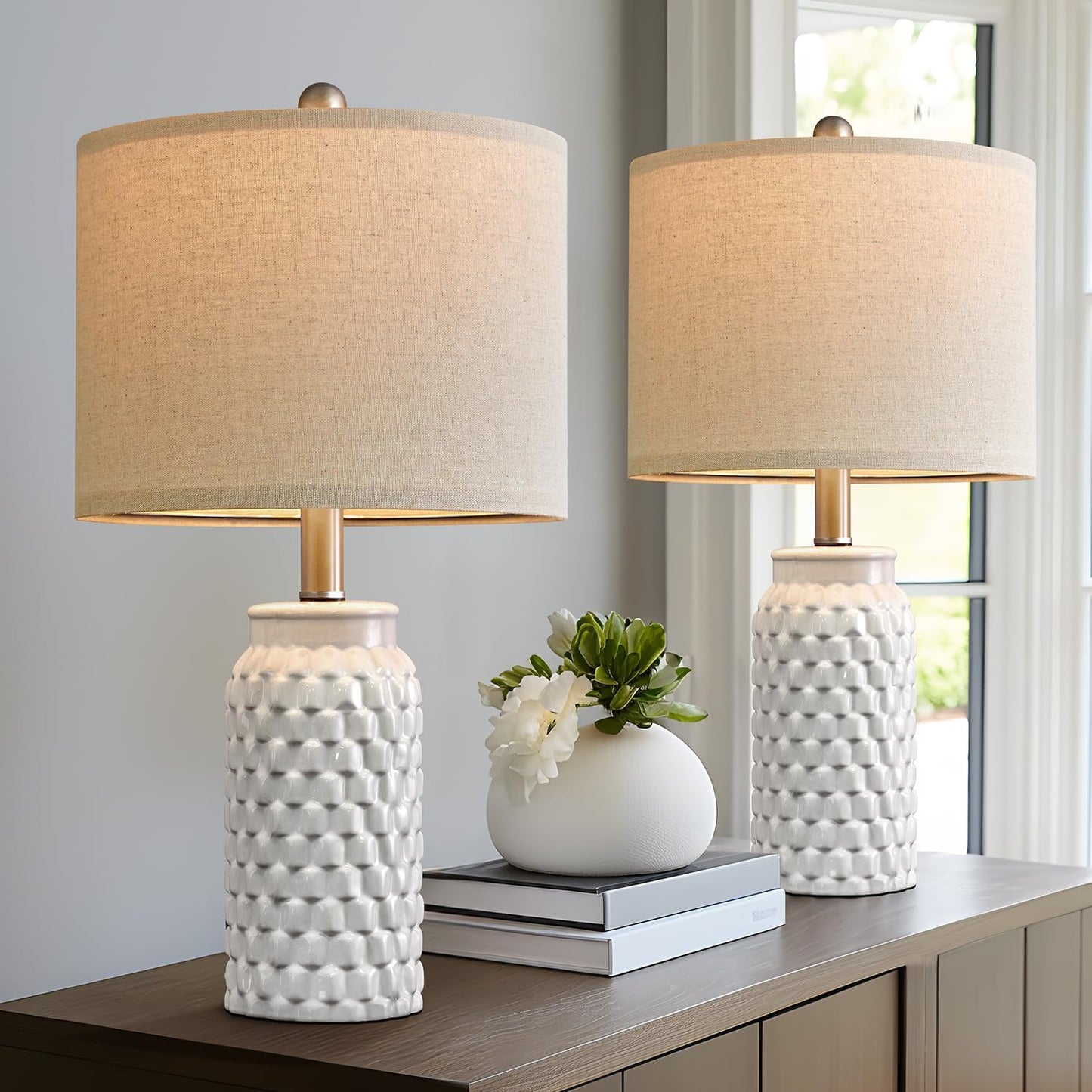 20.5" White Modern Ceramic Bedside Lamp Set of 2 for Bedroom Decor Table Lamp for Bedroom