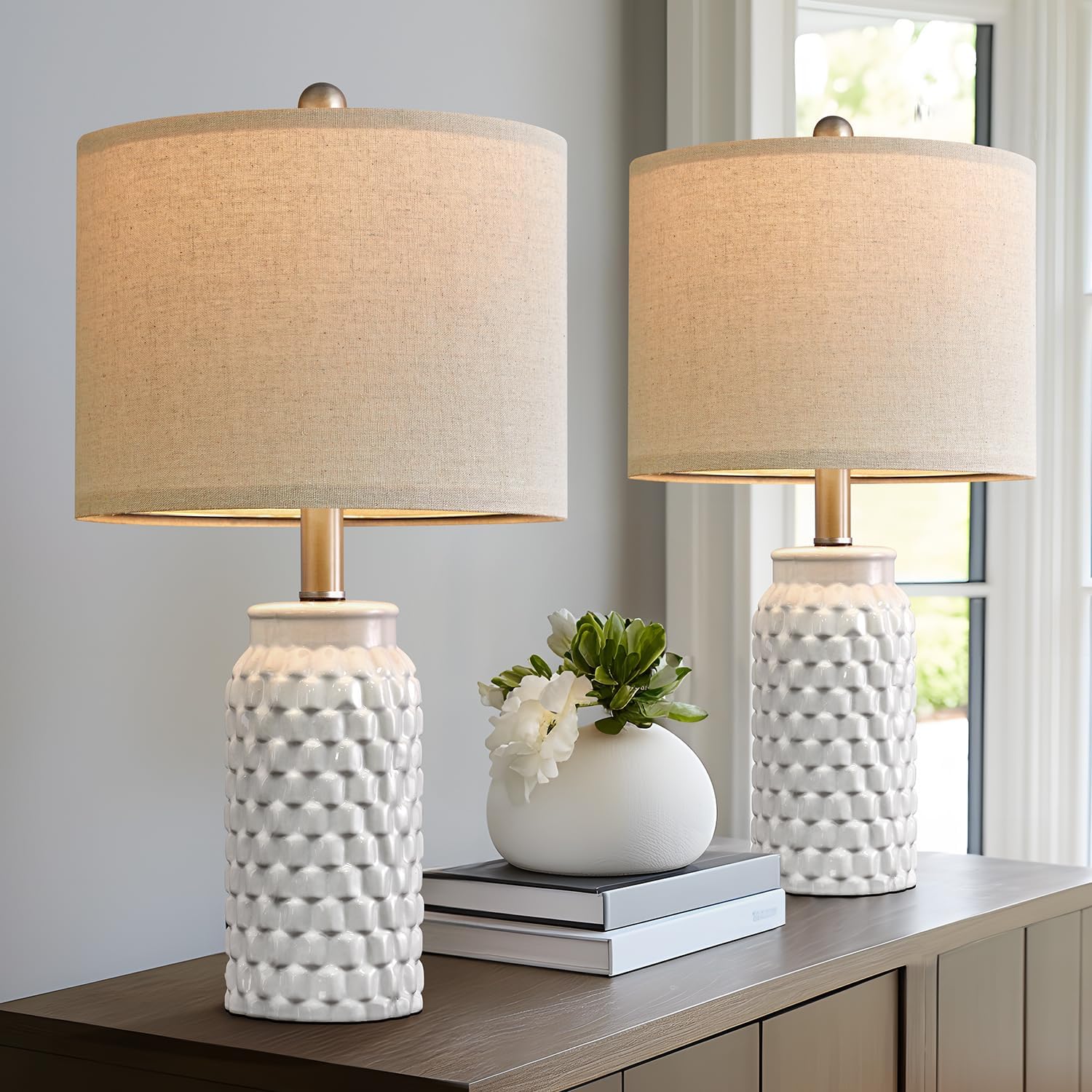20.5" White Modern Ceramic Bedside Lamp Set of 2 for Bedroom Decor Table Lamp for Bedroom