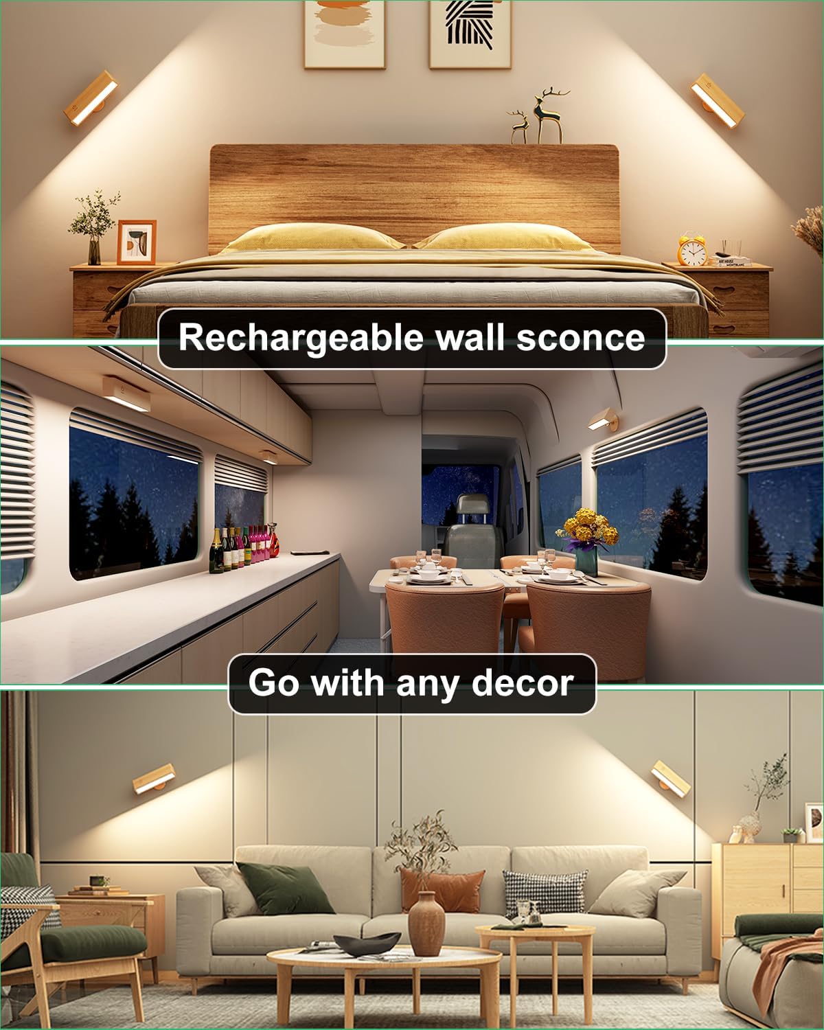 Set of 2 Rechargeable Magnetic Wall Sconces - Dimmable, 360° Rotating Lights