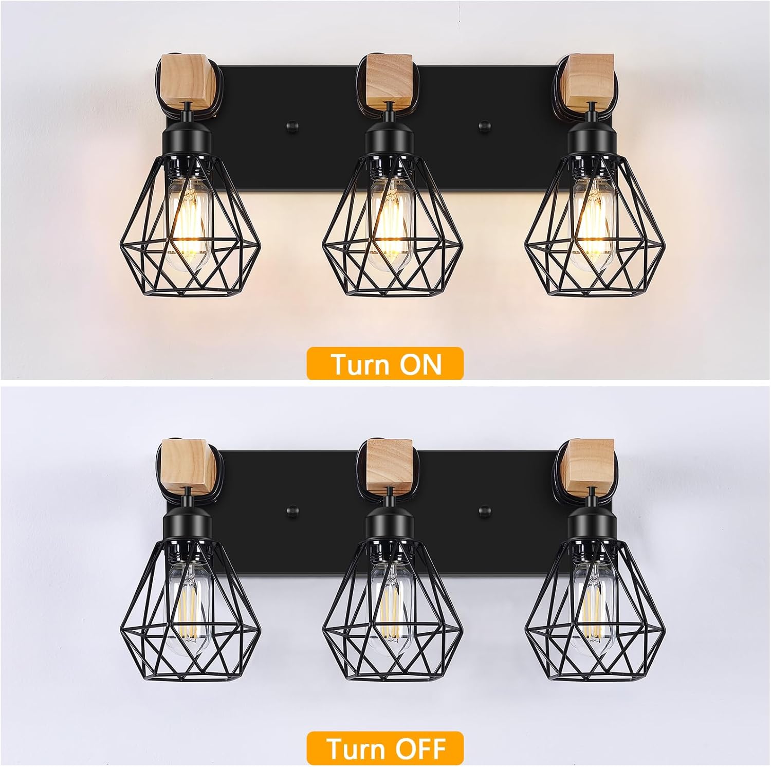 3-Light Farmhouse Vanity Light - Wood & Black Metal Wall Fixture for Bathroom