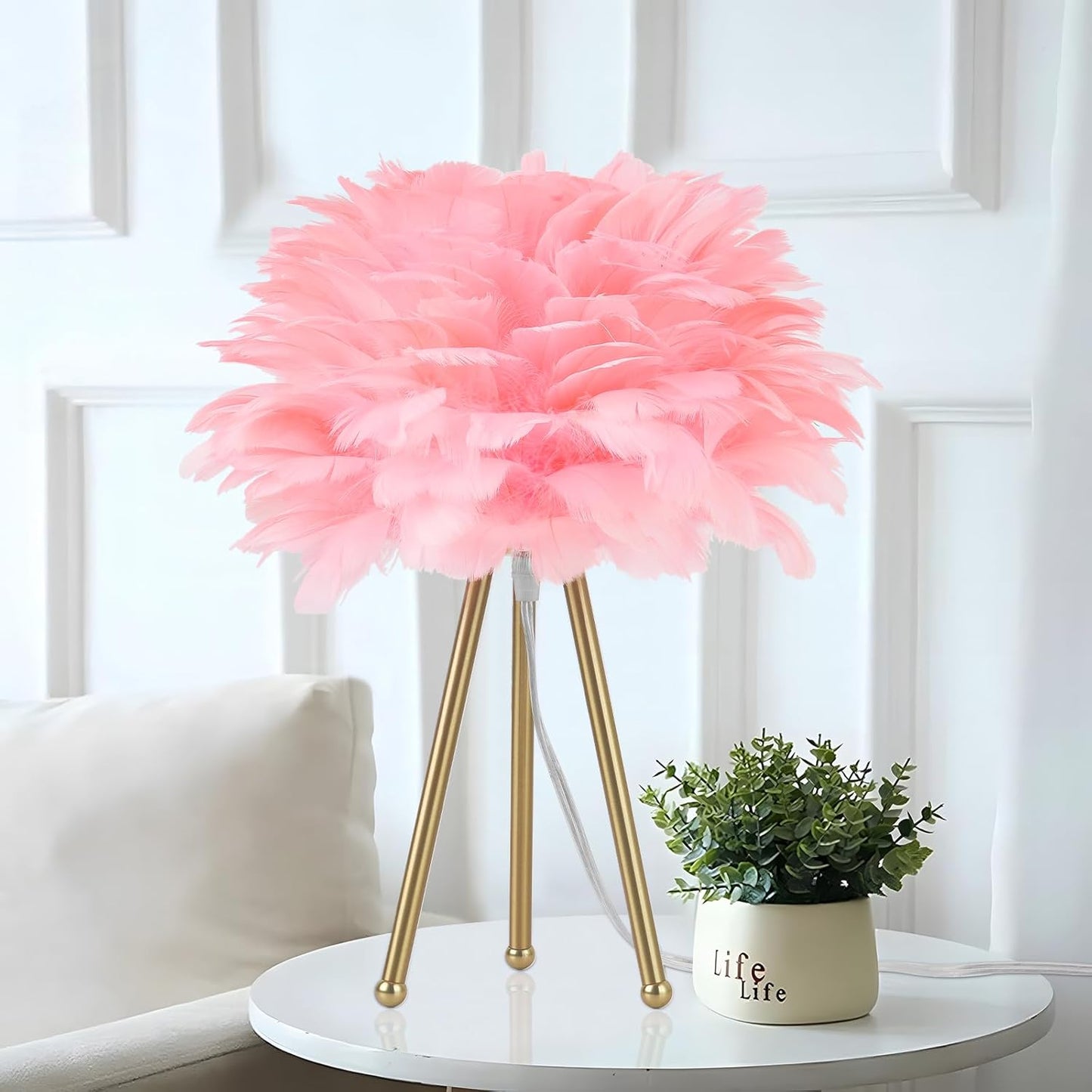 Soft Feather Tripod Table Lamp – Chic Gold Accent Light for Bedroom & Living Room (White/Pink, 15.3")