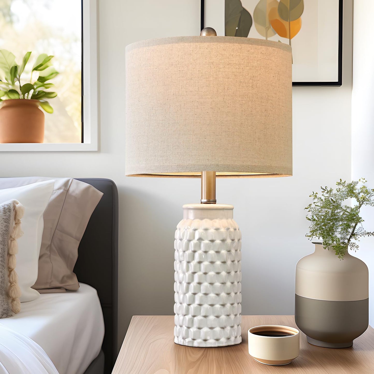 20.5" White Modern Ceramic Bedside Lamp Set of 2 for Bedroom Decor Table Lamp for Bedroom