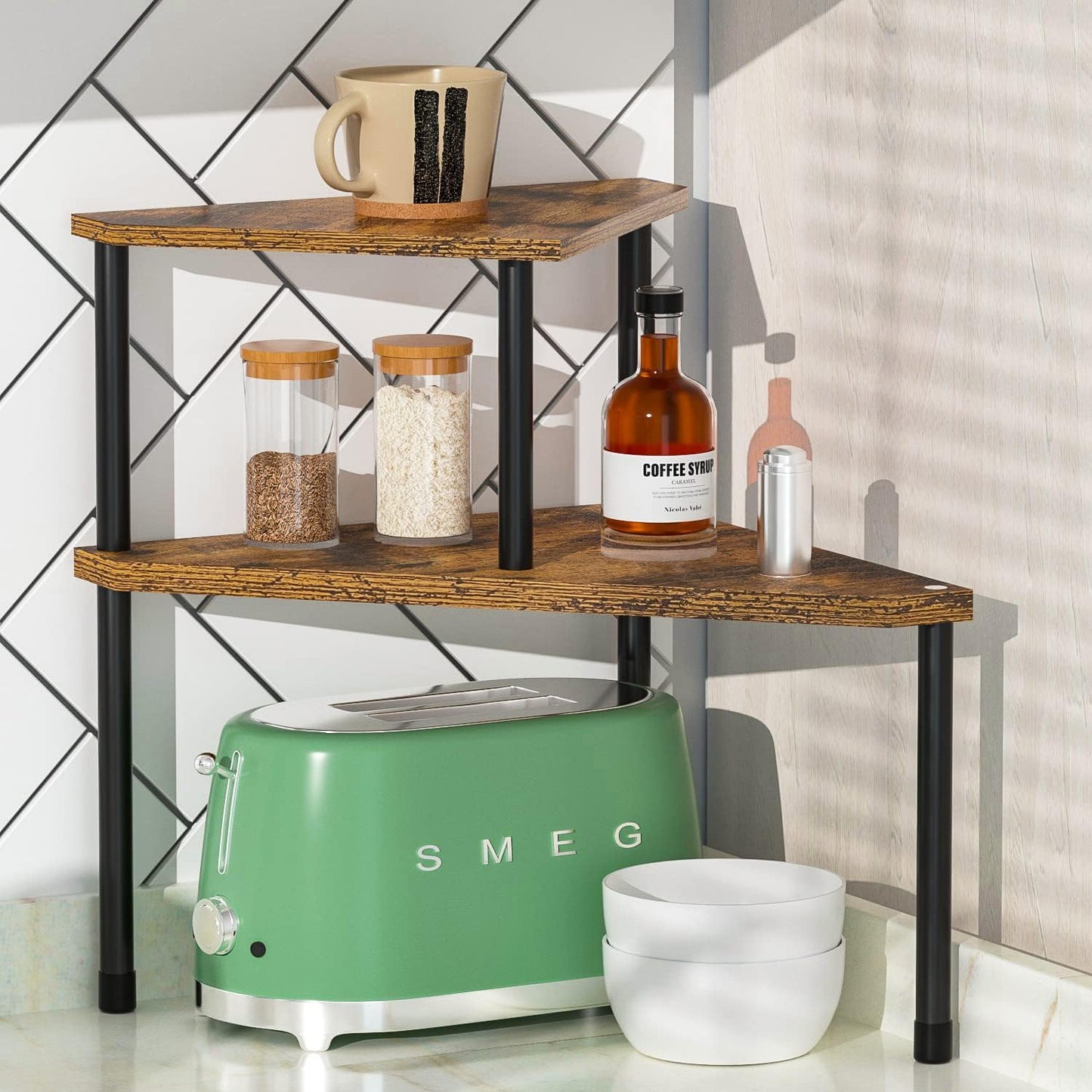 Kitchen Countertop Organizer Corner Shelf - Kitchen Spice Rack Organization 2 Tier Free-Standing Counter Storage Space Saving Rack for Kitchen, Bathroom, Living Room (Rust Brown)