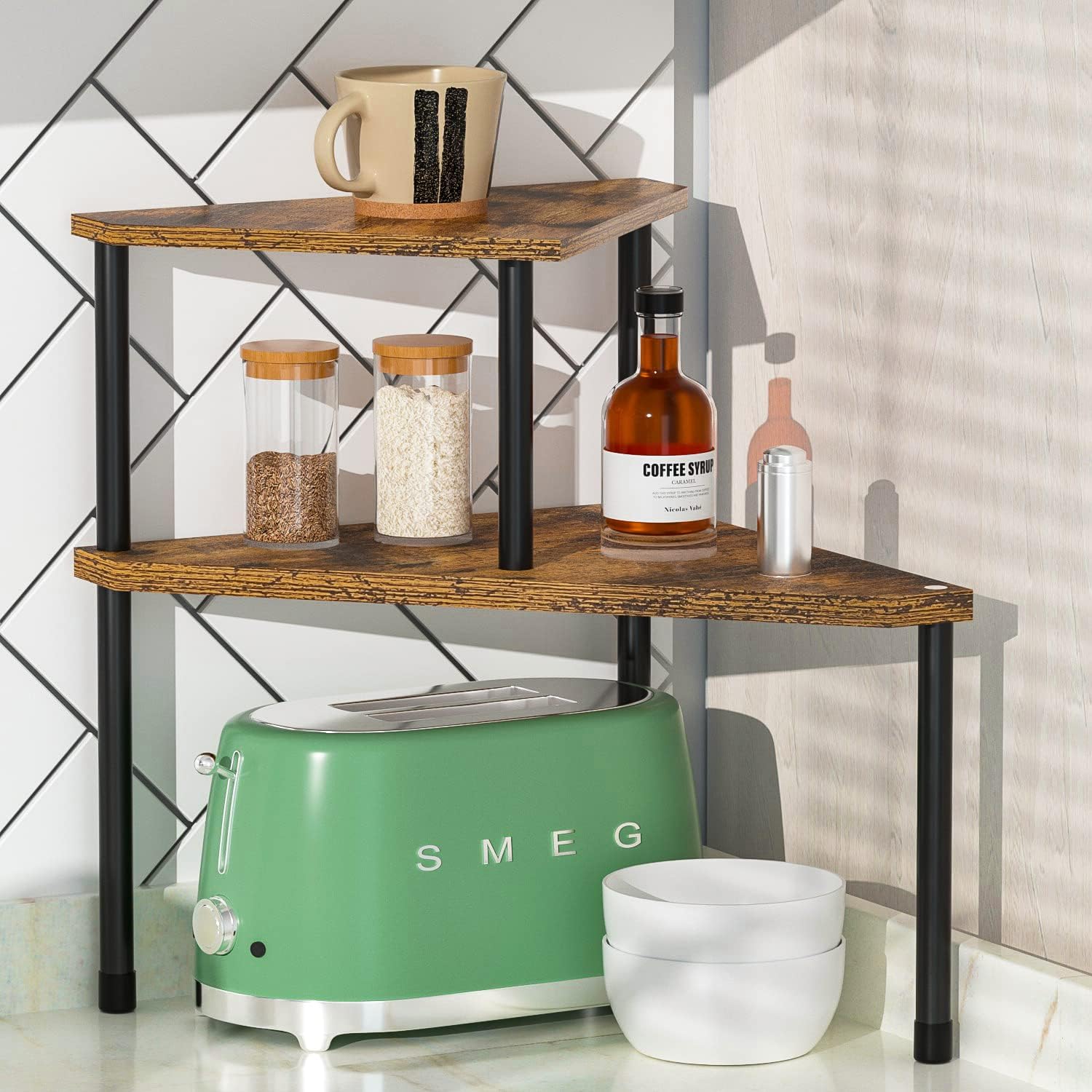 Kitchen Countertop Organizer Corner Shelf - Kitchen Spice Rack Organization 2 Tier Free-Standing Counter Storage Space Saving Rack for Kitchen, Bathroom, Living Room (Rust Brown)