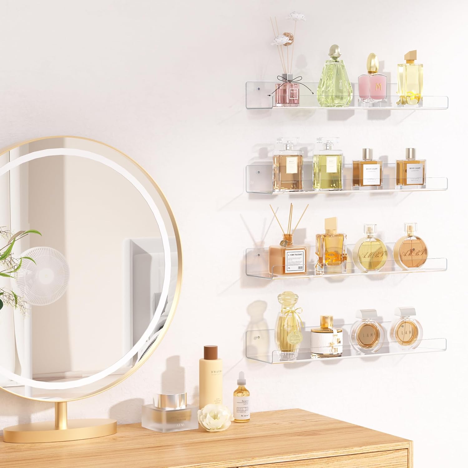 4 Pack Acrylic Clear Shelves for Wall Storage, 15" Floating Bookshelves for Display Shelf Organizer for Bathroom, Bedroom, Living Room, Kitchen.