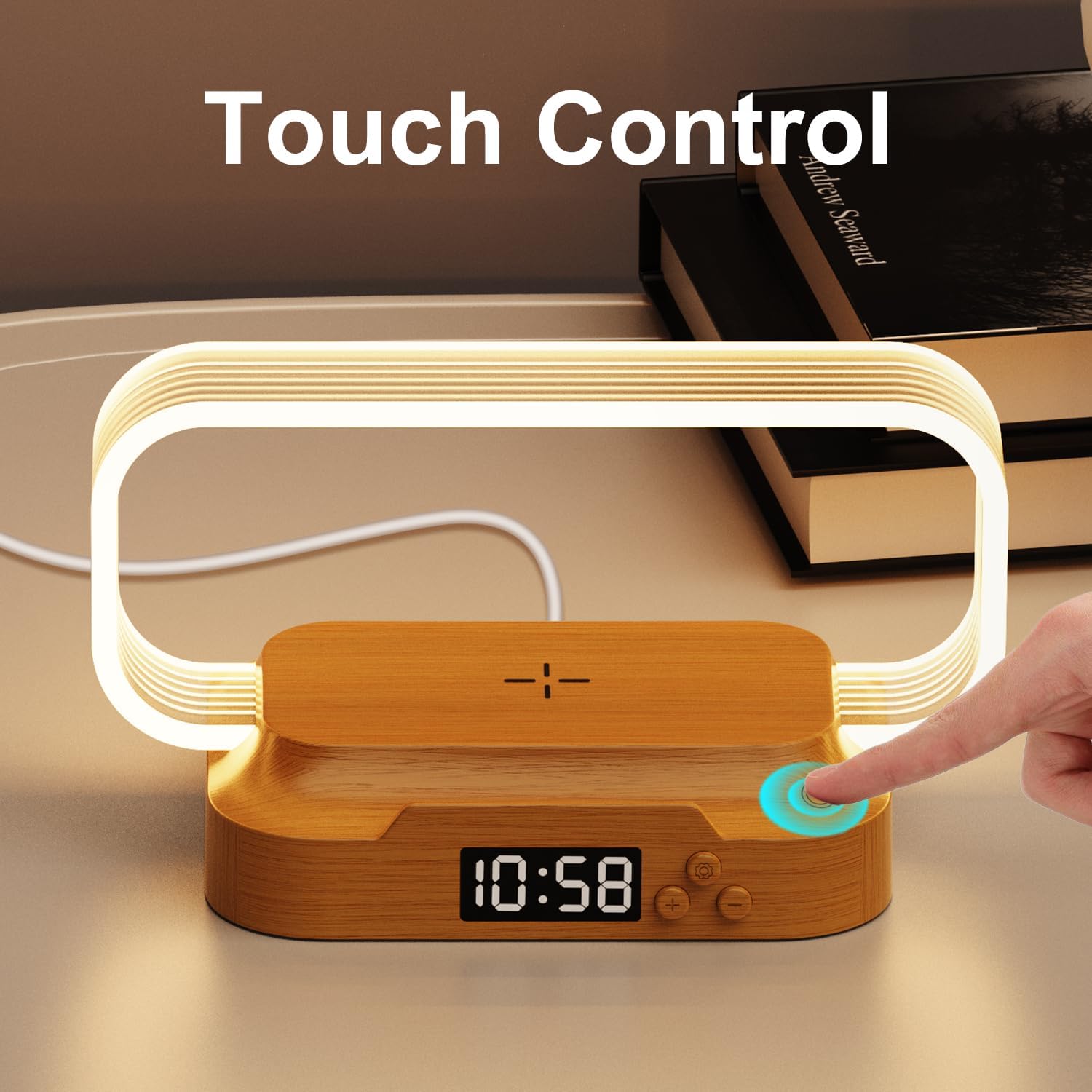 Small Nightstand Lamp with Wireless Charger,Cute Bedside Lamp with Clock,Small Table Lamp for Bedroom,Mini Night Light for Bedroom,Tiny Lamp as Gift,Stepless Dimmable,3 Color Modes