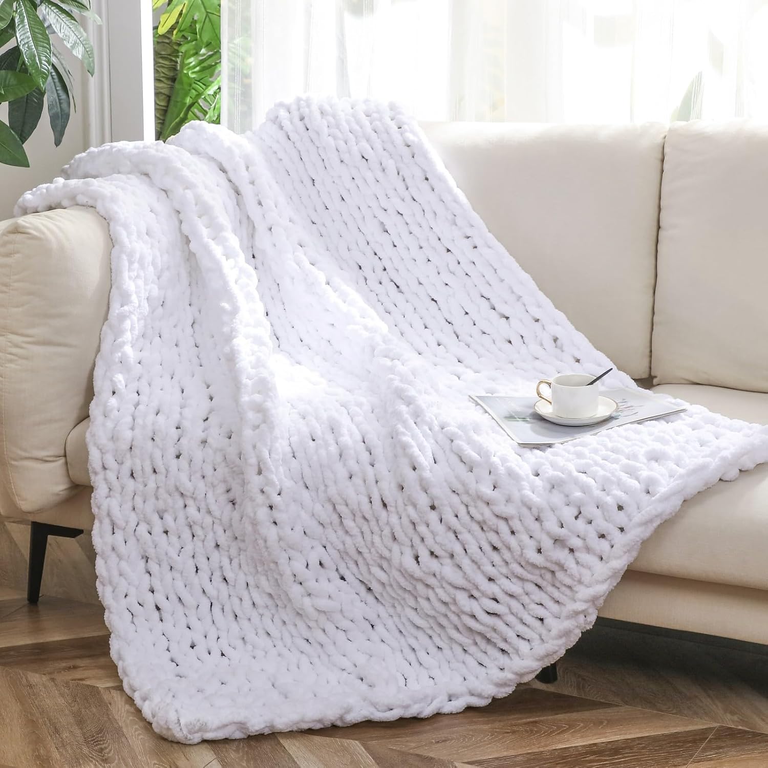 Chunky Knit Blanket – Handmade Chenille Throw Blanket for Couch and Bed (50"x60")