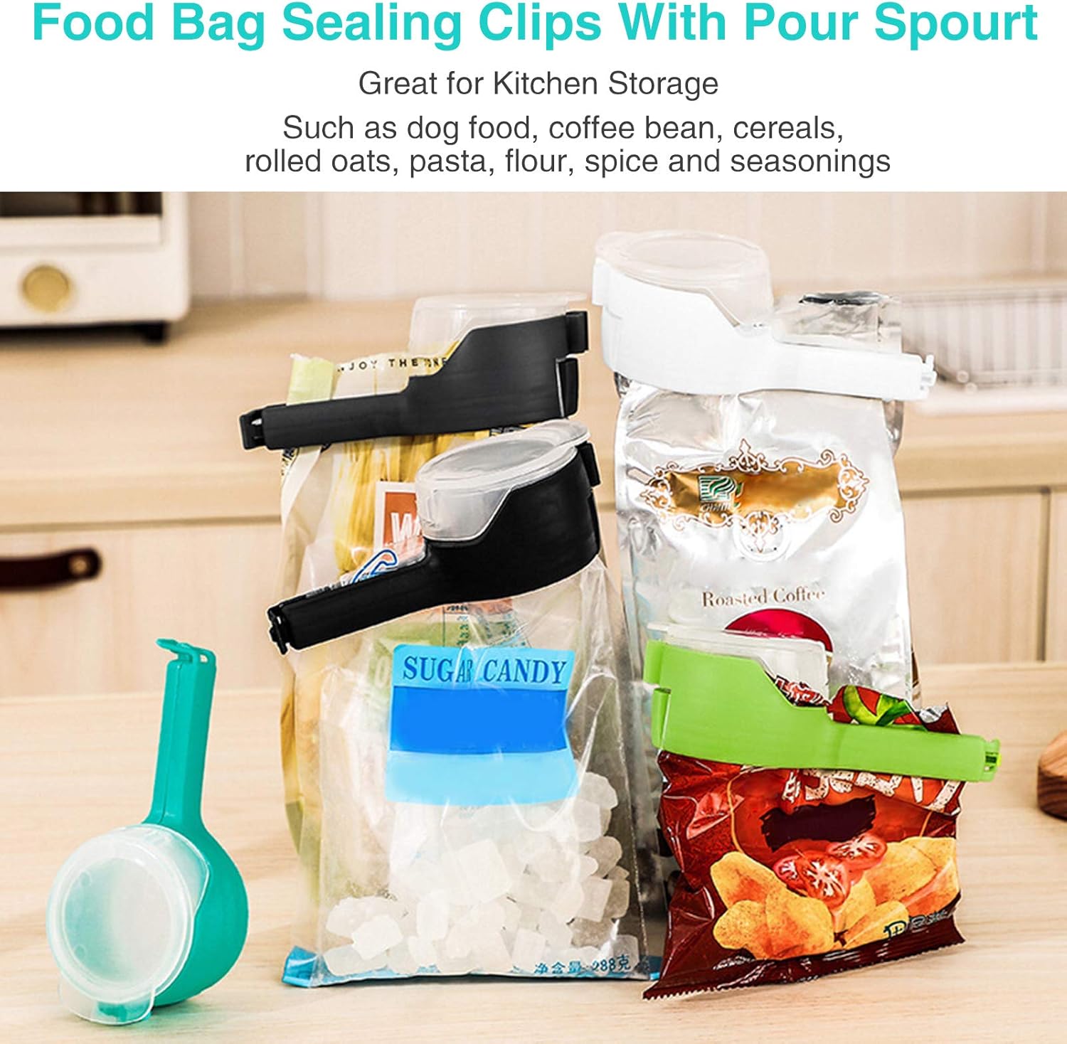 4Pcs Food Bag Clips with Pour Spouts – Perfect for Storing & Pouring Small Foods, Liquids, Flour, and Baby Food