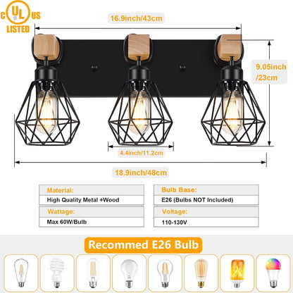 3-Light Farmhouse Vanity Light - Wood & Black Metal Wall Fixture for Bathroom