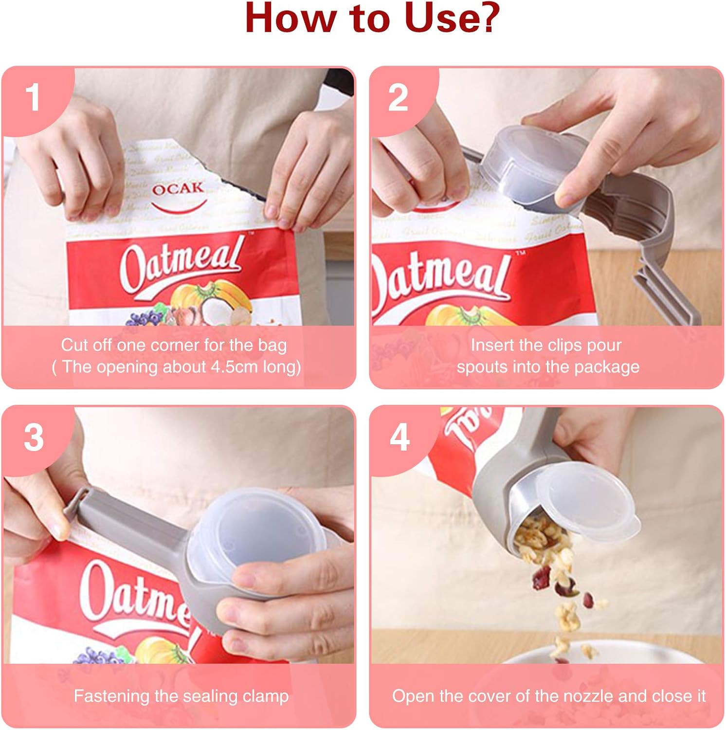 4Pcs Food Bag Clips with Pour Spouts – Perfect for Storing & Pouring Small Foods, Liquids, Flour, and Baby Food