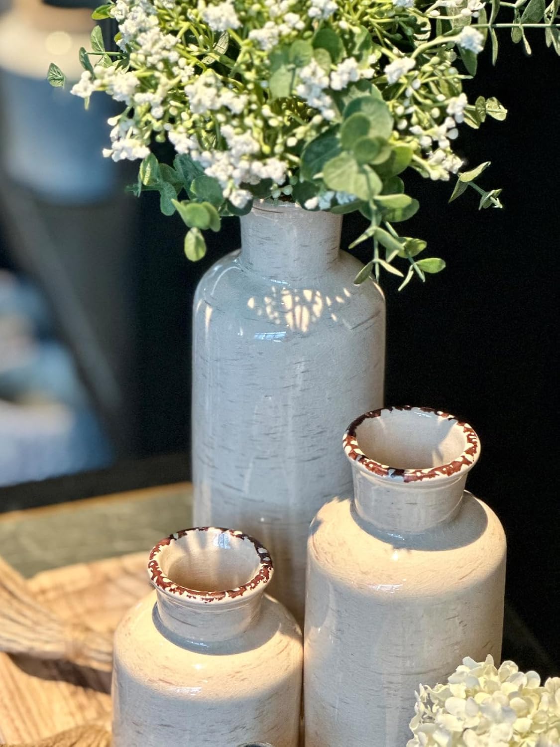 Ceramic Rustic Vase 3-Piece Set (White) - Small Vases for Farmhouse, Living Room, Table & Entrance Deco