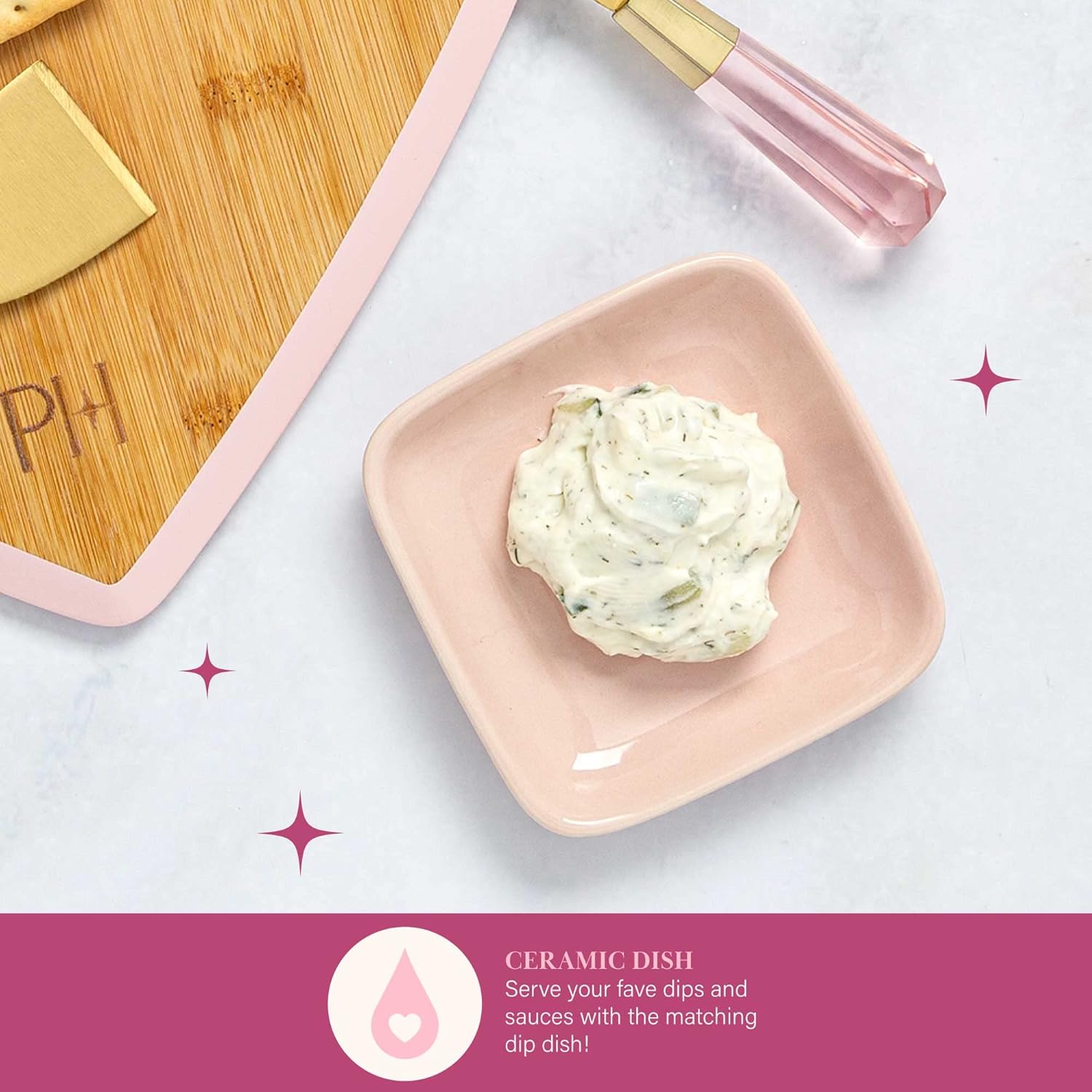 Heart-Shaped Bamboo Charcuterie Board Set with Dip Bowl & Cheese Titanium-Coated Knives in Pink