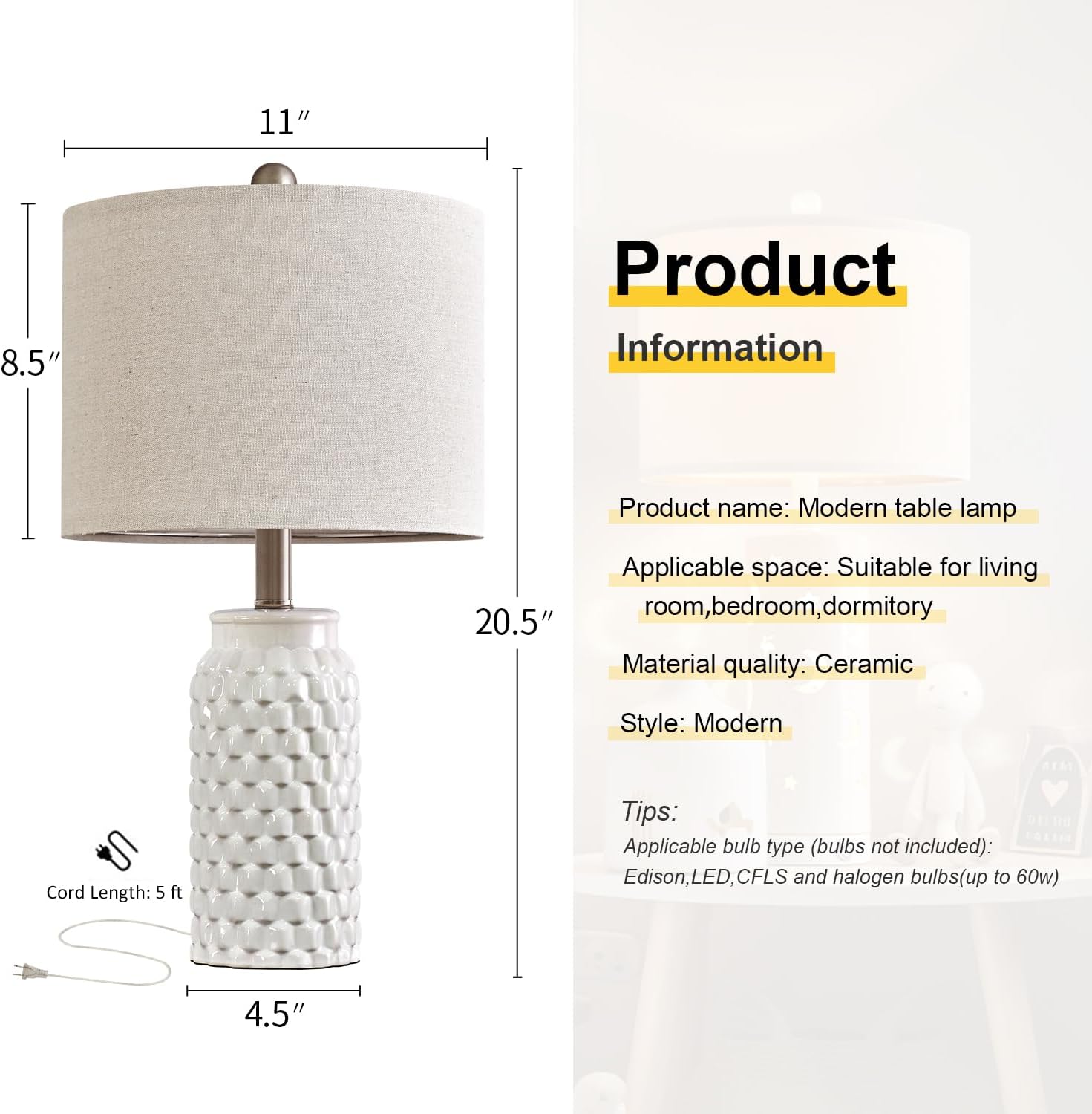 20.5" White Modern Ceramic Bedside Lamp Set of 2 for Bedroom Decor Table Lamp for Bedroom
