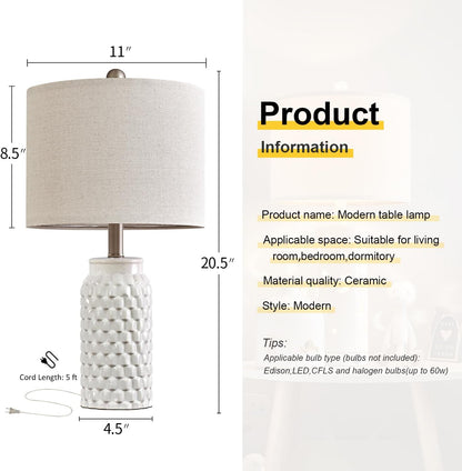 20.5" White Modern Ceramic Bedside Lamp Set of 2 for Bedroom Decor Table Lamp for Bedroom