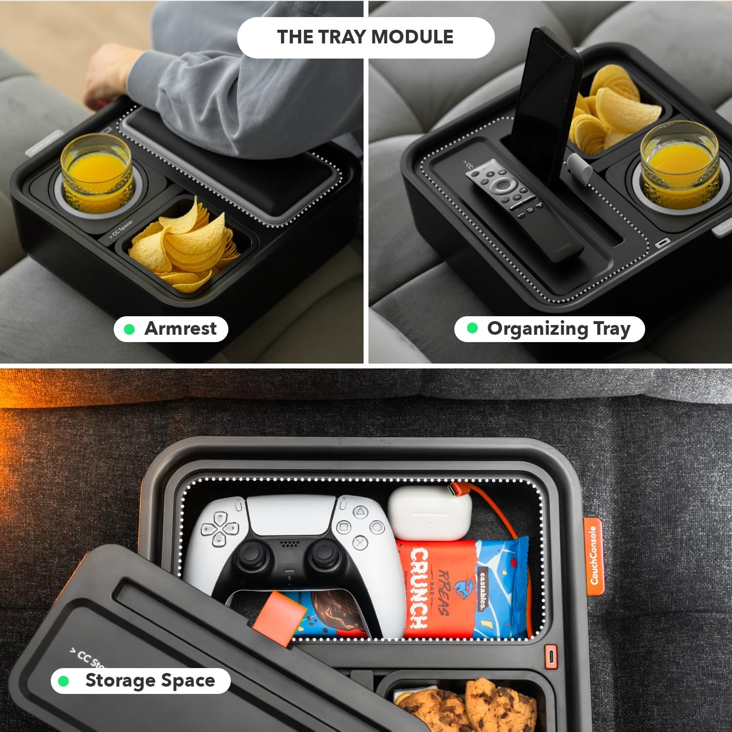 Couch Caddy - Drinks & Snacks Sofa Caddy with Armrest, Table with Phone Stand- TV Remote Control Storage and Organizer - for Living Rooms, RV, and Cars, Black/Green