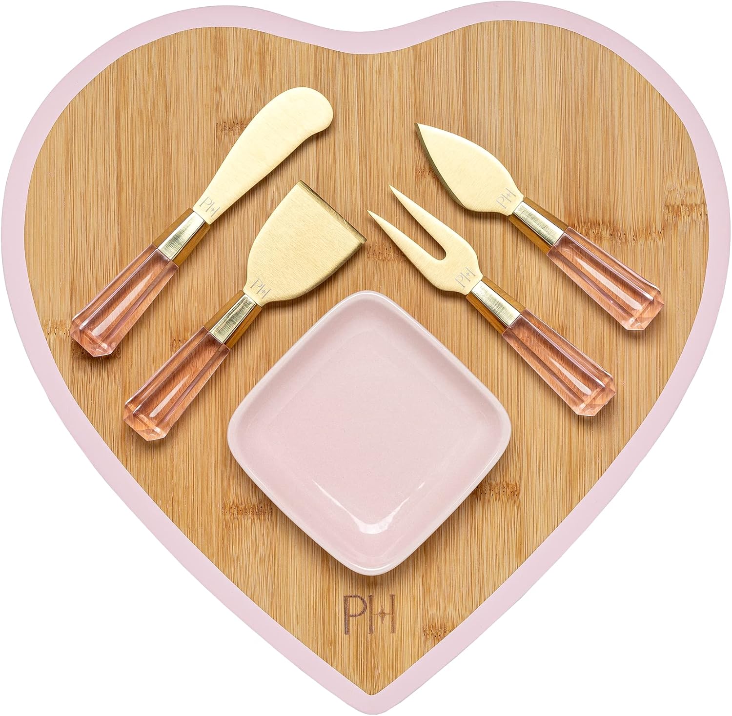 Heart-Shaped Bamboo Charcuterie Board Set with Dip Bowl & Cheese Titanium-Coated Knives in Pink