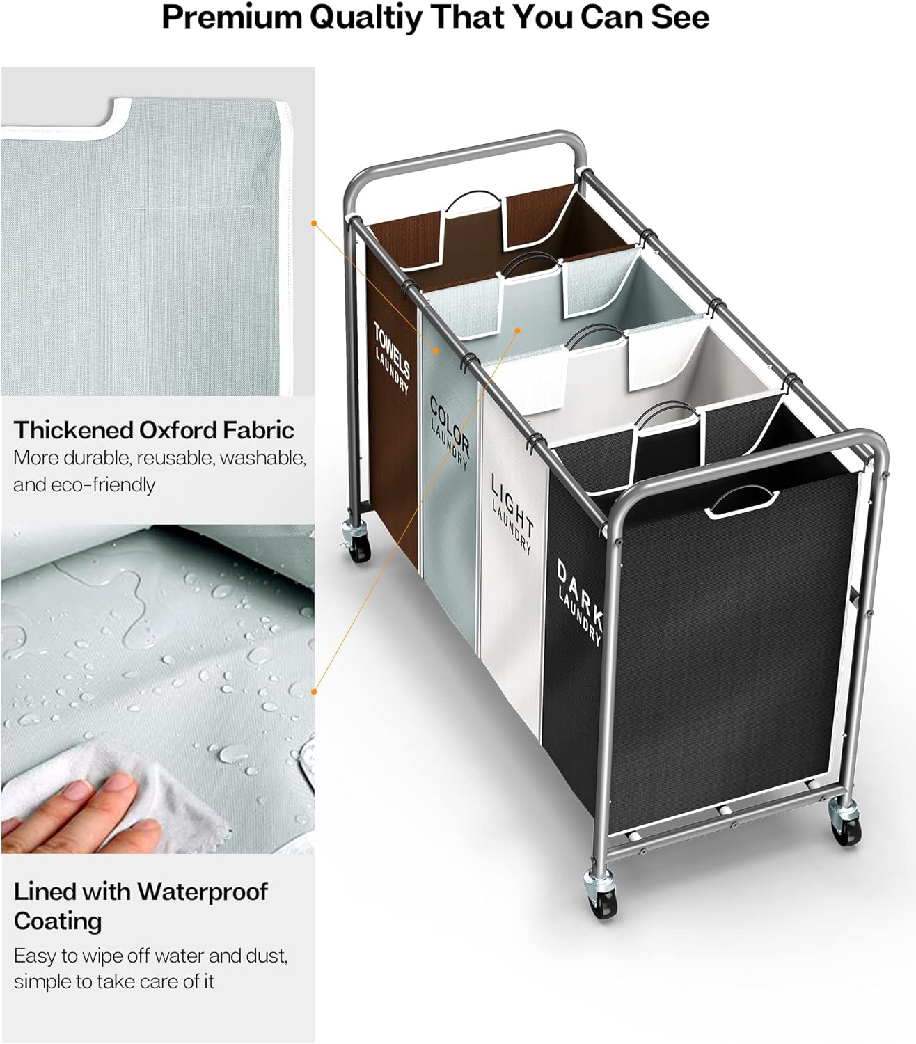 Laundry Sorter, 4 Section Laundry Hamper with Wheels, Rolling Laundry Basket with Large Capacity and Removable Bags for Clothes Storage
