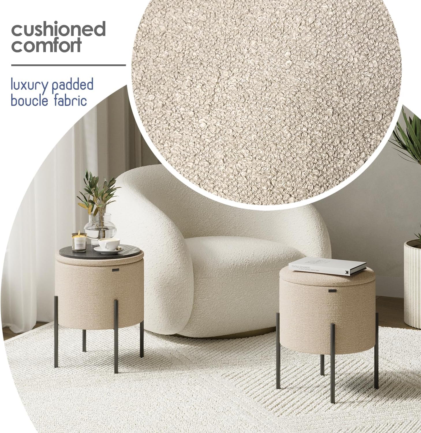 Round Ottoman with Storage – Modern Boucle Foot Stool & Vanity Seat for Living Room or Bedroom