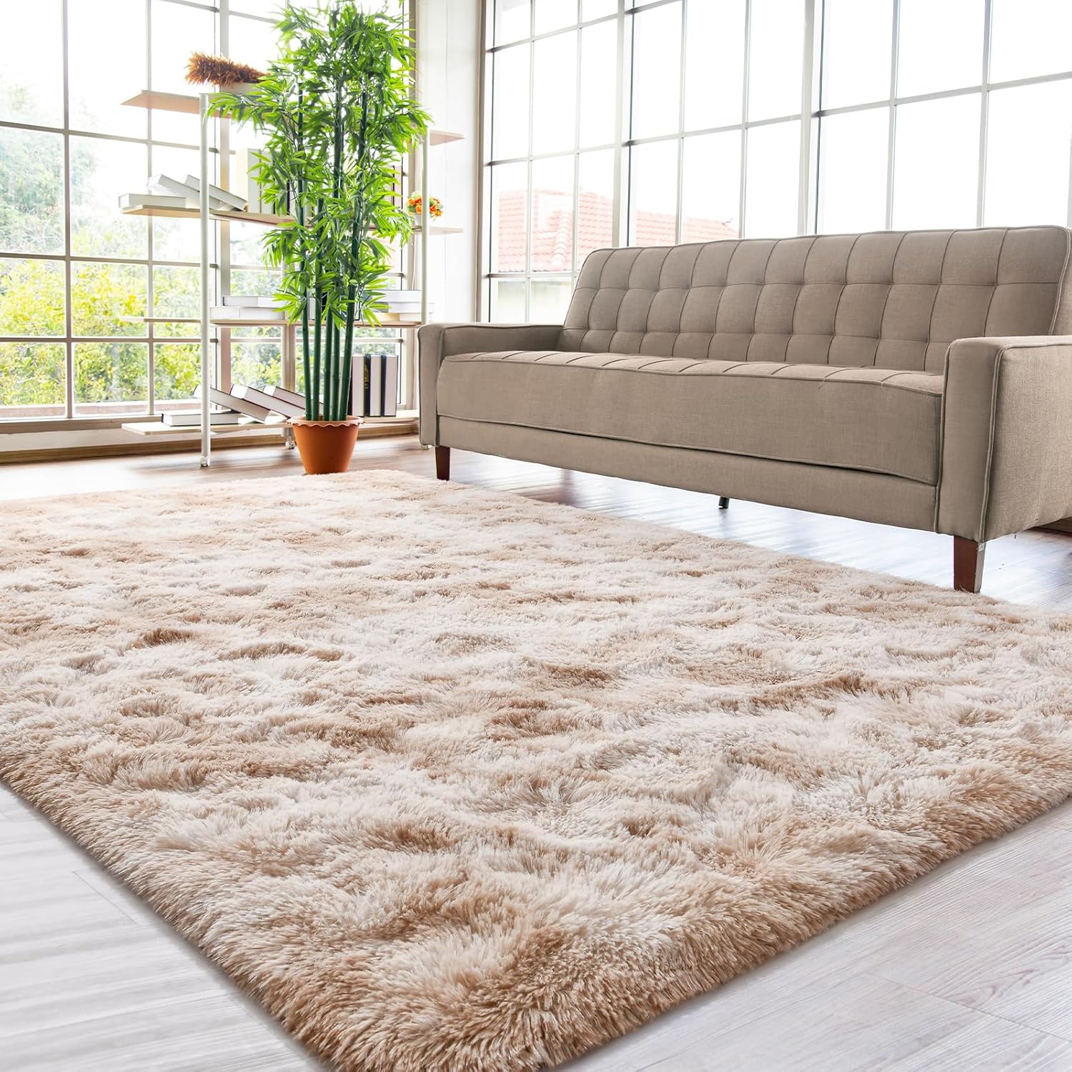 Soft Fluffy Rug for Bedroom, Tie Dye Rugs for Living Room, Non Slip Shaggy Plush Carpet for Kids Nursery Toddler, 4X6 Feet Area Rugs for Room Floor, Light Brown