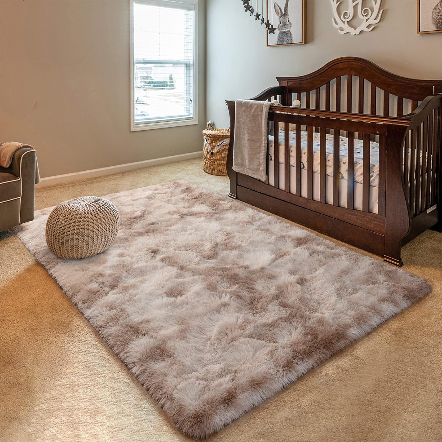 Soft Fluffy Rug for Bedroom, Tie Dye Rugs for Living Room, Non Slip Shaggy Plush Carpet for Kids Nursery Toddler, 4X6 Feet Area Rugs for Room Floor, Light Brown