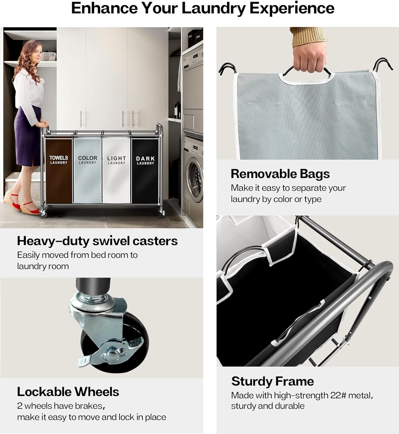 Laundry Sorter, 4 Section Laundry Hamper with Wheels, Rolling Laundry Basket with Large Capacity and Removable Bags for Clothes Storage