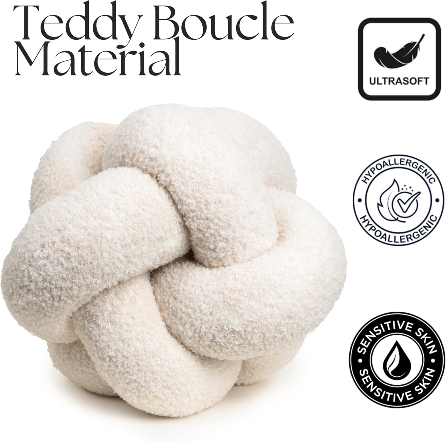 Cream White Knot Pillow – Elegant Teddy Boucle Throw Pillow for Modern Living Room Decor