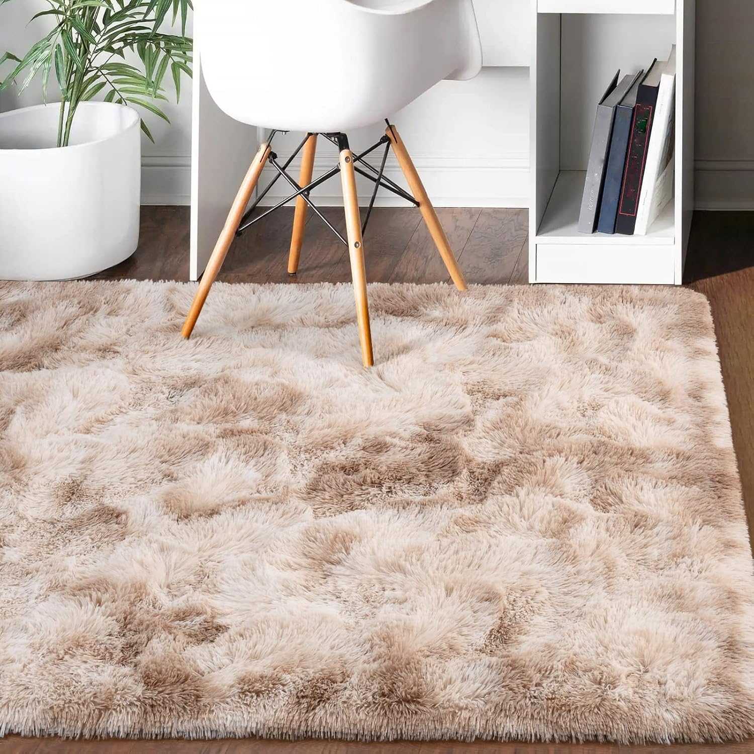 Soft Fluffy Rug for Bedroom, Tie Dye Rugs for Living Room, Non Slip Shaggy Plush Carpet for Kids Nursery Toddler, 4X6 Feet Area Rugs for Room Floor, Light Brown