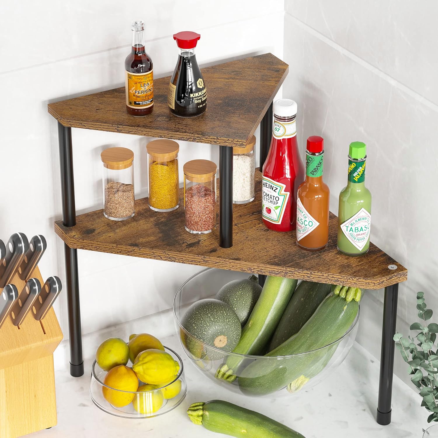 Kitchen Countertop Organizer Corner Shelf - Kitchen Spice Rack Organization 2 Tier Free-Standing Counter Storage Space Saving Rack for Kitchen, Bathroom, Living Room (Rust Brown)