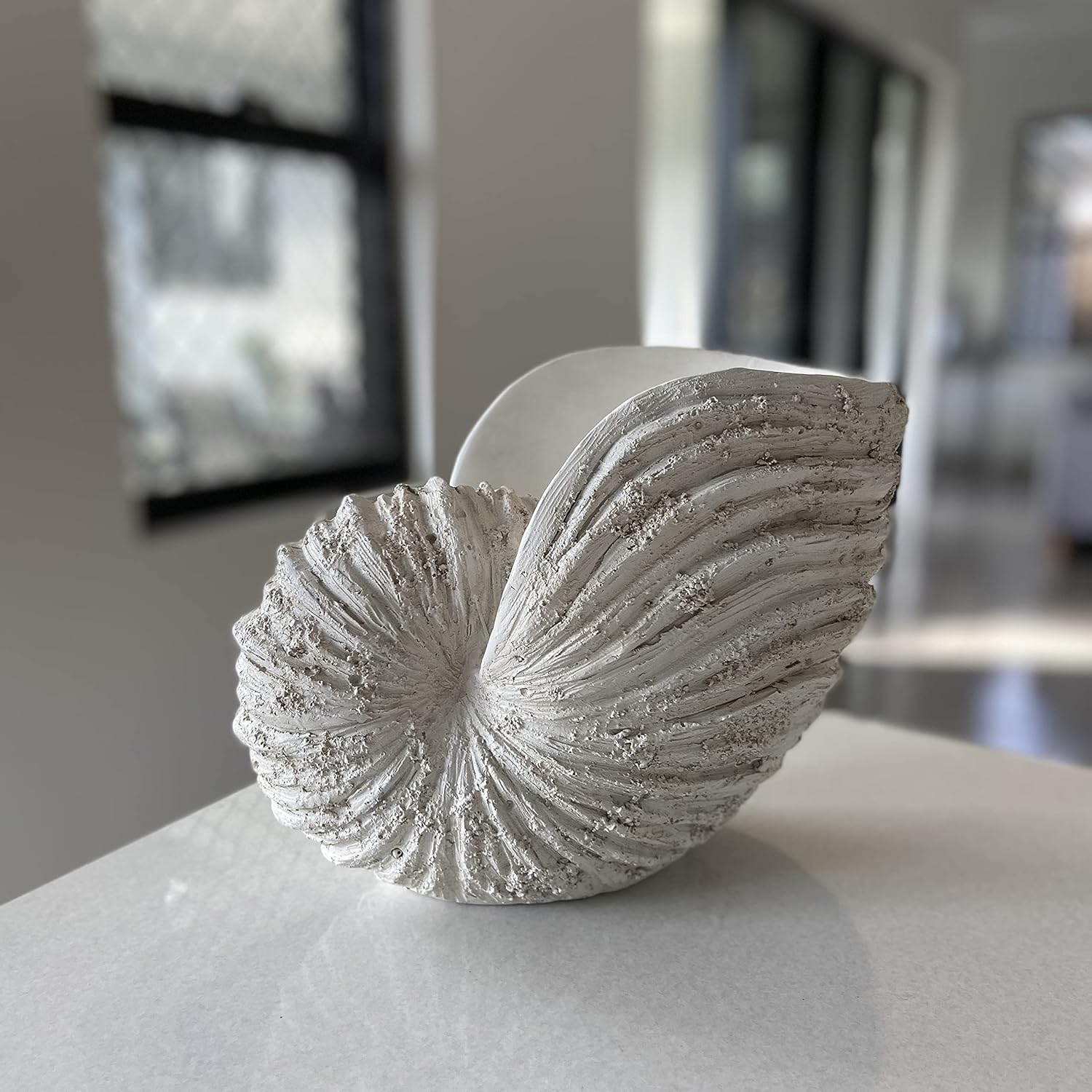 Nautilus Shell Sculpture – Rustic White Coastal Resin Decor