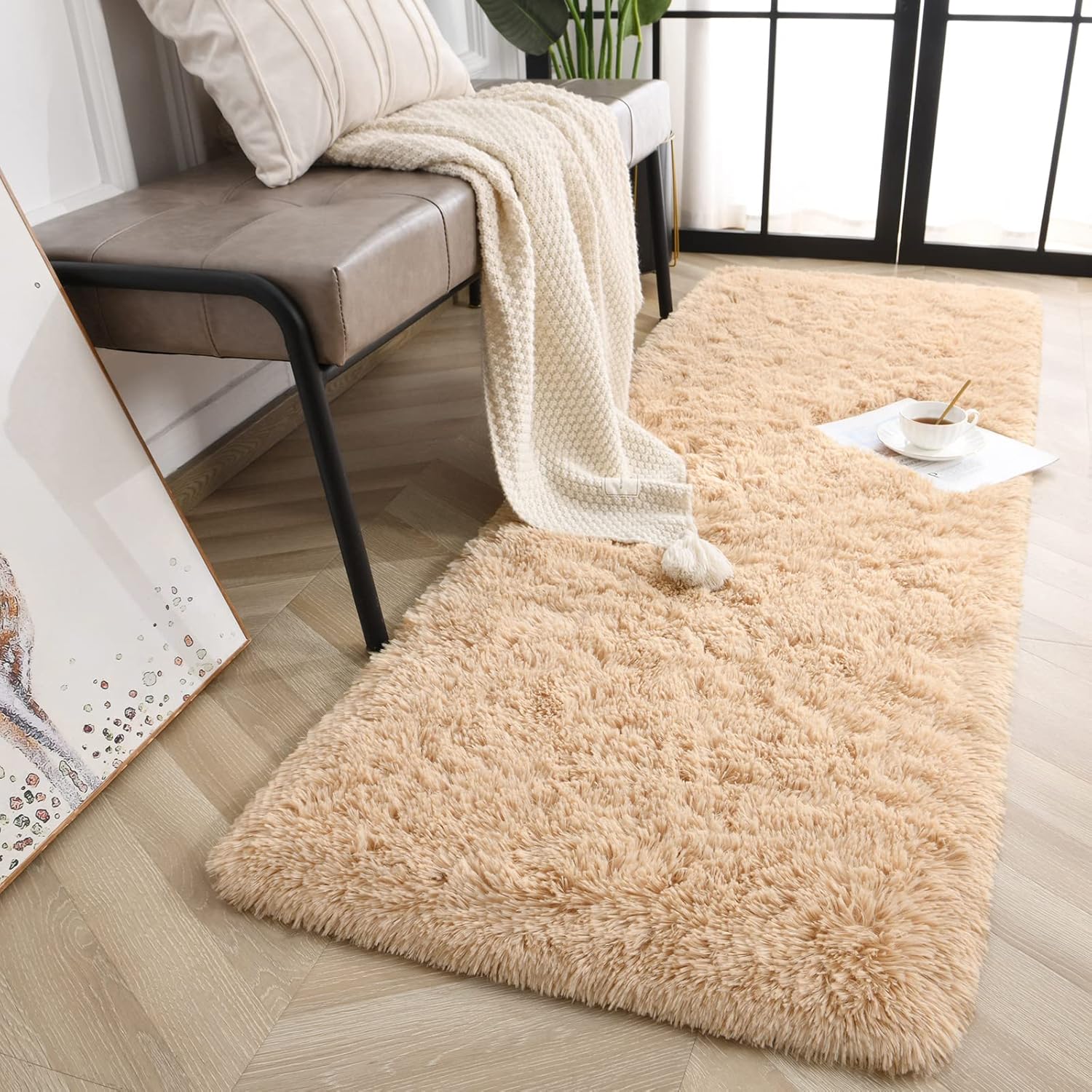 Beige Super Soft Shaggy Rug 2x6' - Fluffy Plush Carpet for Bedroom, Living Room, Nursery Decor