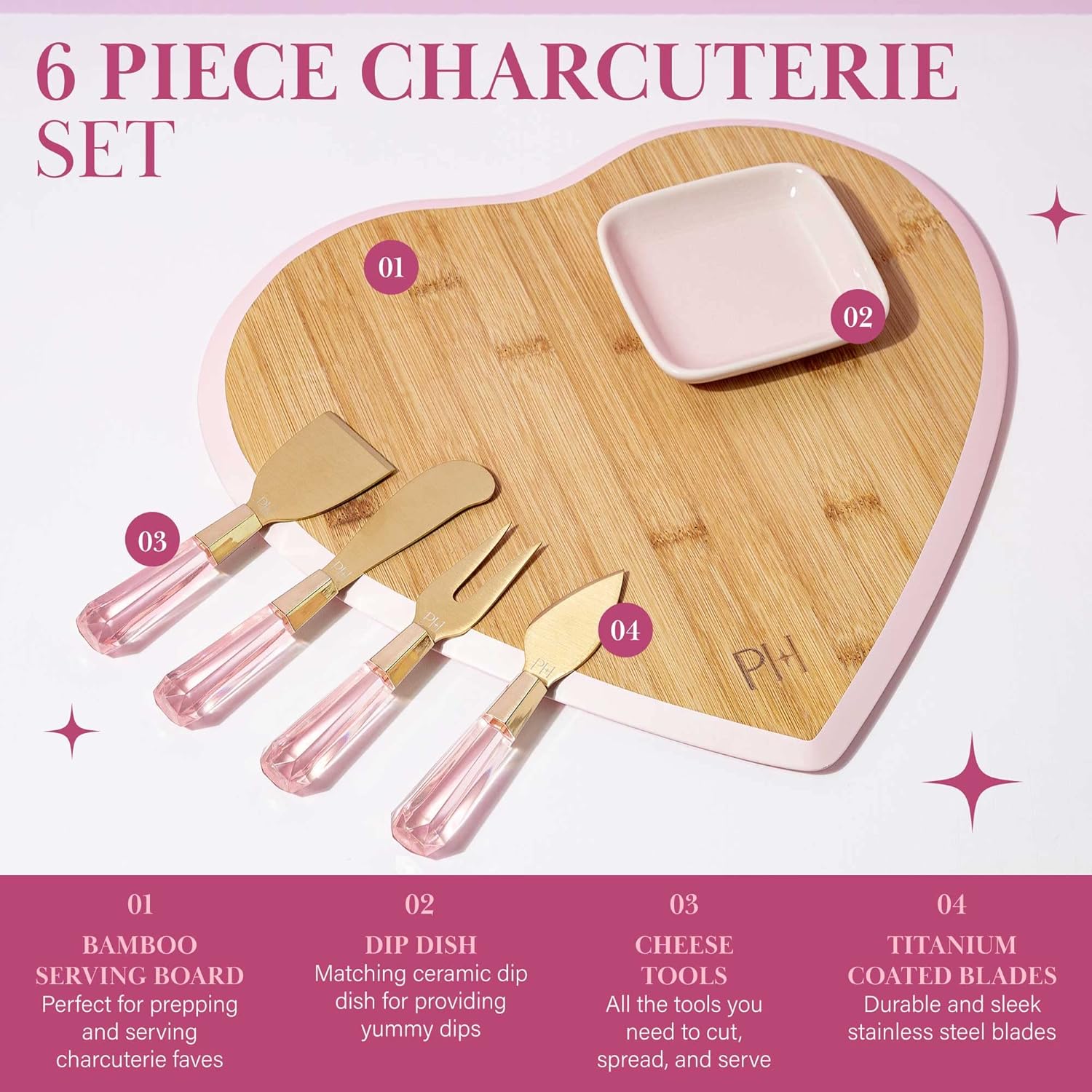 Heart-Shaped Bamboo Charcuterie Board Set with Dip Bowl & Cheese Titanium-Coated Knives in Pink