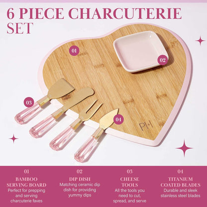 Heart-Shaped Bamboo Charcuterie Board Set with Dip Bowl & Cheese Titanium-Coated Knives in Pink