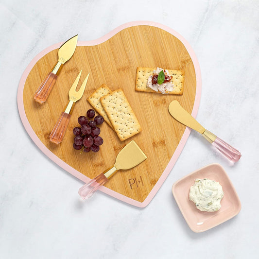 Heart-Shaped Bamboo Charcuterie Board Set with Dip Bowl & Cheese Titanium-Coated Knives in Pink