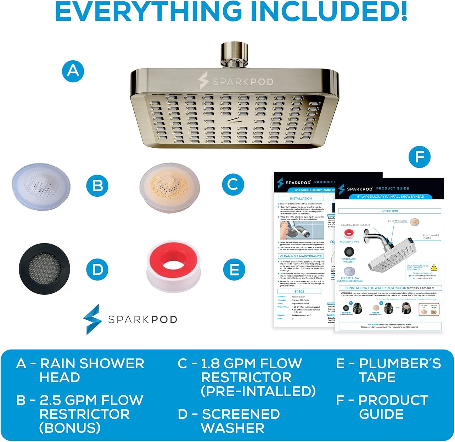 Premium Quality Shower Head - High Pressure Rain - 1-Min Install - Easy Clean Adjustable Replacement for Your Bathroom Shower Heads (Elegant Brushed Nickel, 6 Inch Square)