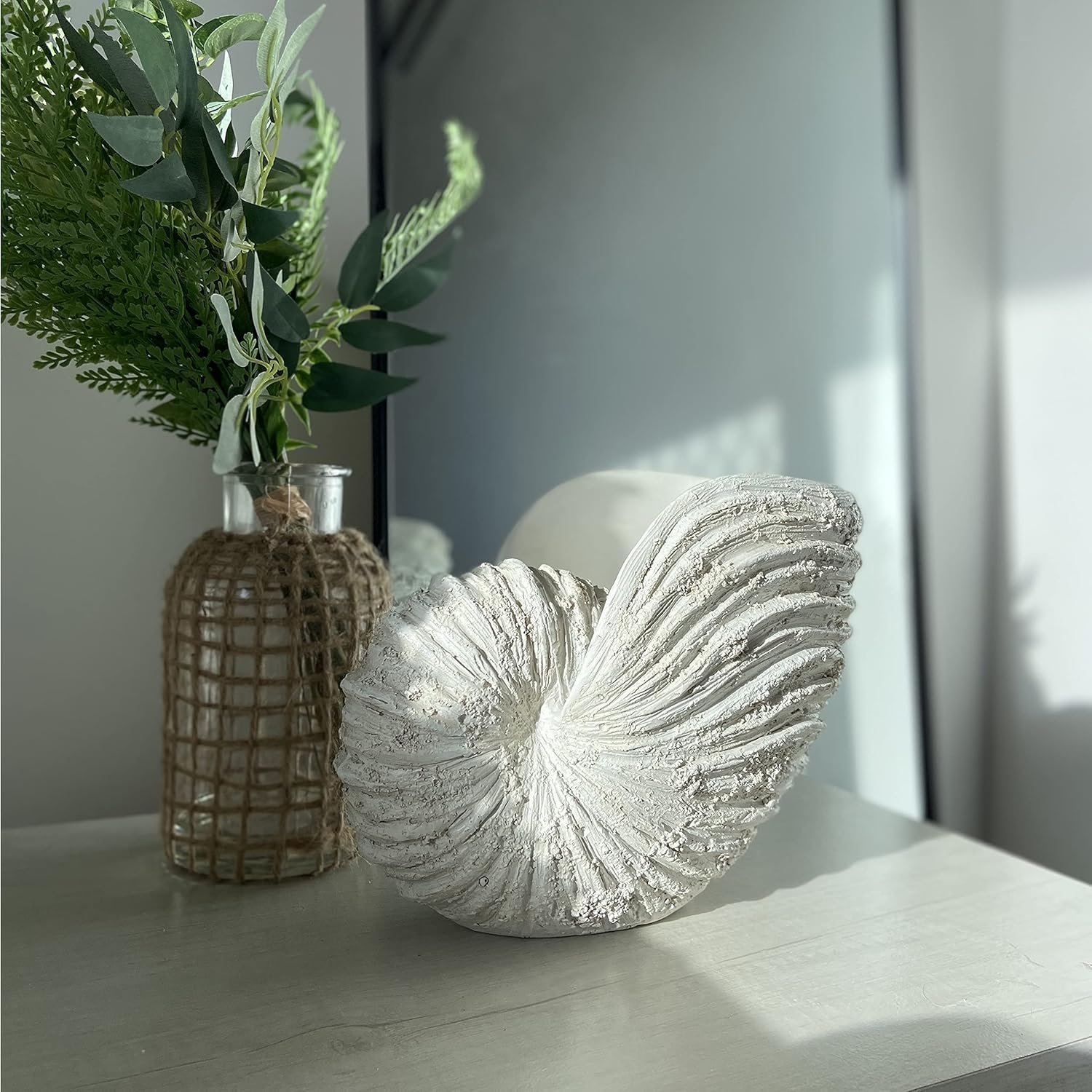 Nautilus Shell Sculpture – Rustic White Coastal Resin Decor