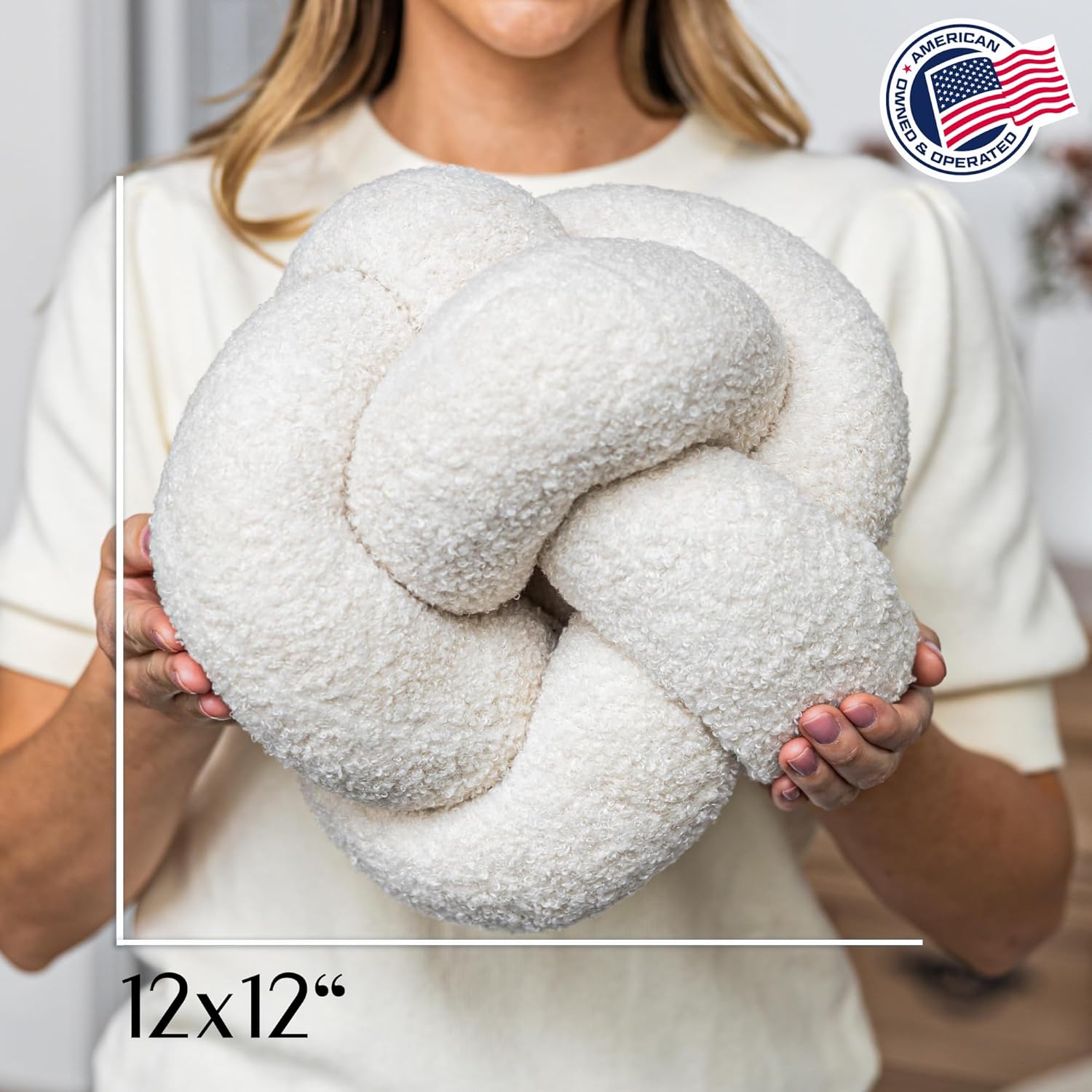 Cream White Knot Pillow – Elegant Teddy Boucle Throw Pillow for Modern Living Room Decor