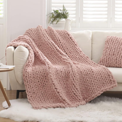 Chunky Knit Blanket – Handmade Chenille Throw Blanket for Couch and Bed (50"x60")
