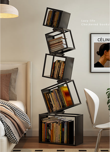 Tall Geometric Bookshelf – Sleek Industrial Metal Display Shelf for Living Room & Bedroom (Black, 72.8")