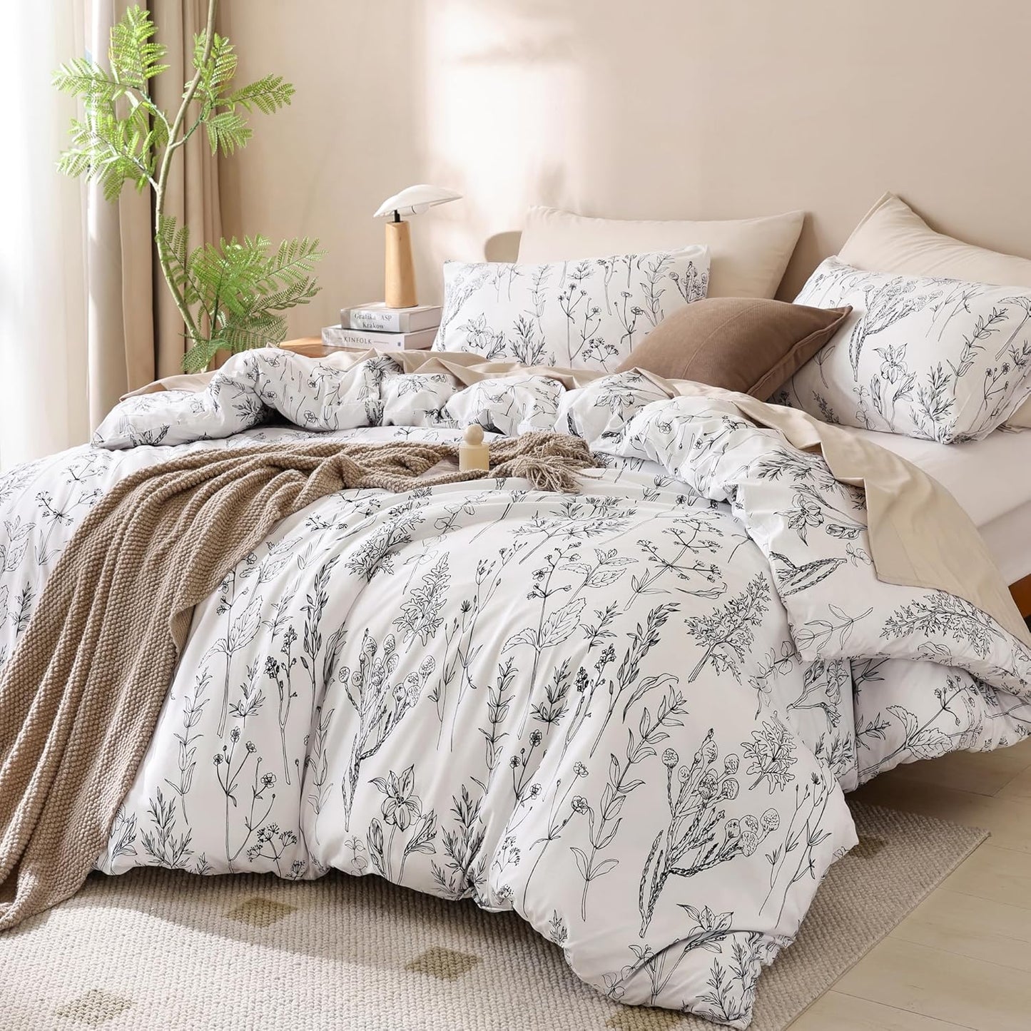 Floral Queen Comforter Bedding Set 3 Pieces in Oatmeal (1 Comforter 90"X90") (2 Pillow Cases 20"X26"), 