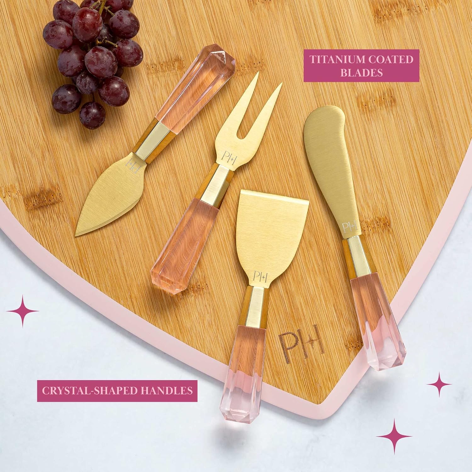 Heart-Shaped Bamboo Charcuterie Board Set with Dip Bowl & Cheese Titanium-Coated Knives in Pink