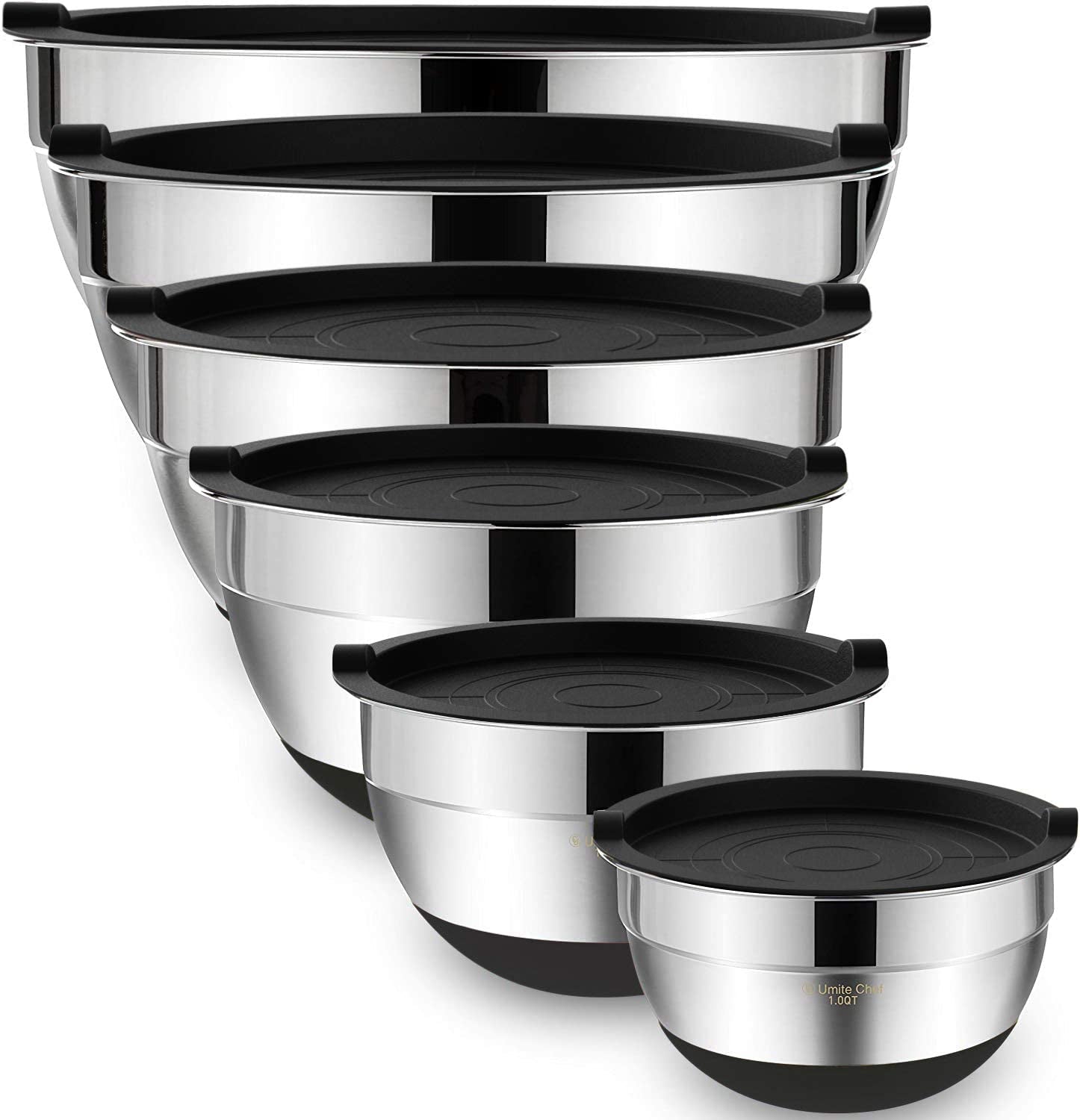 6-Piece Stainless Steel Mixing Bowl Set with Airtight Lids – Non-Slip Nesting Storage Bowls for Mixing & Serving (Sizes: 7, 3.5, 2.5, 2.0, 1.5, 1 QT, Black)