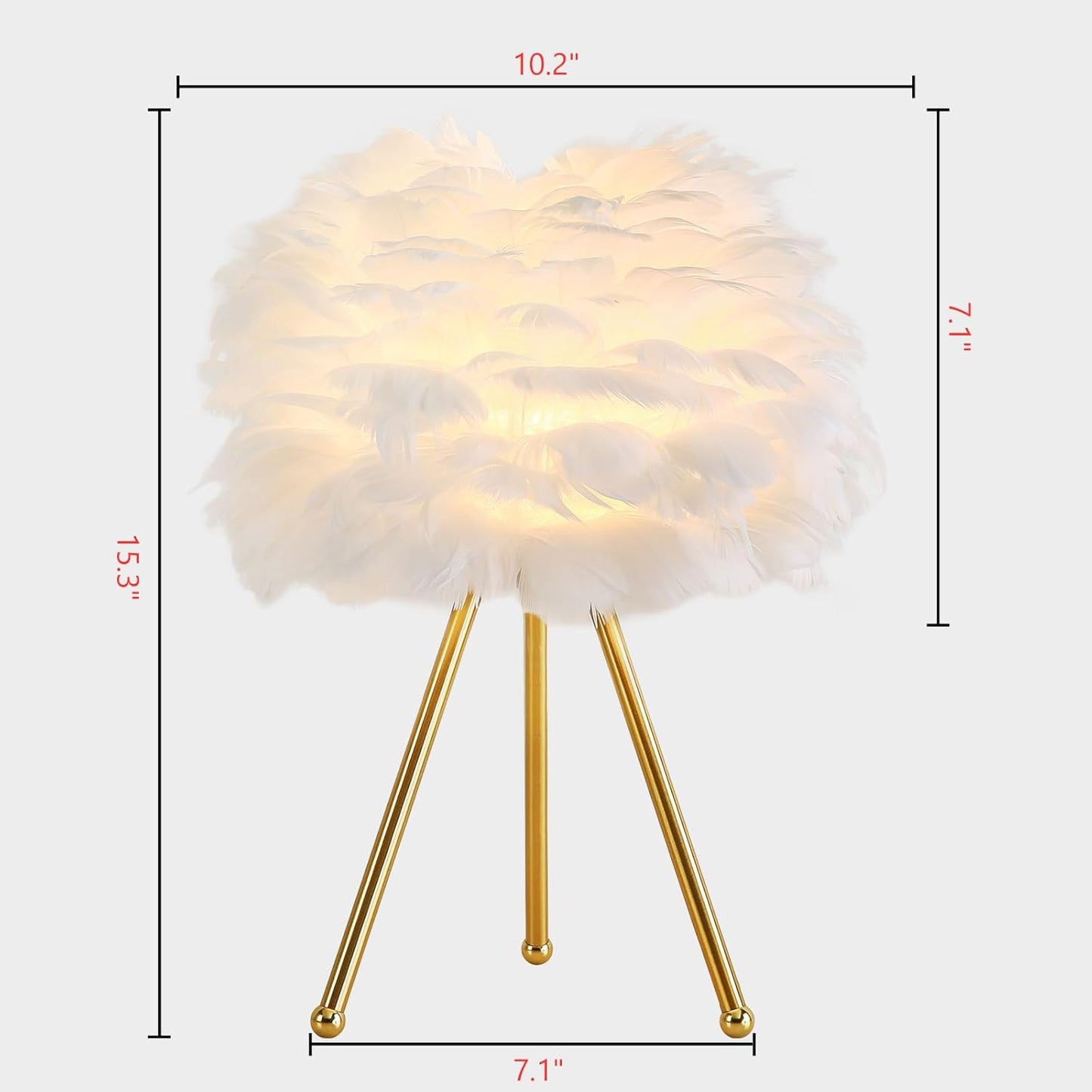 Soft Feather Tripod Table Lamp – Chic Gold Accent Light for Bedroom & Living Room (White/Pink, 15.3")
