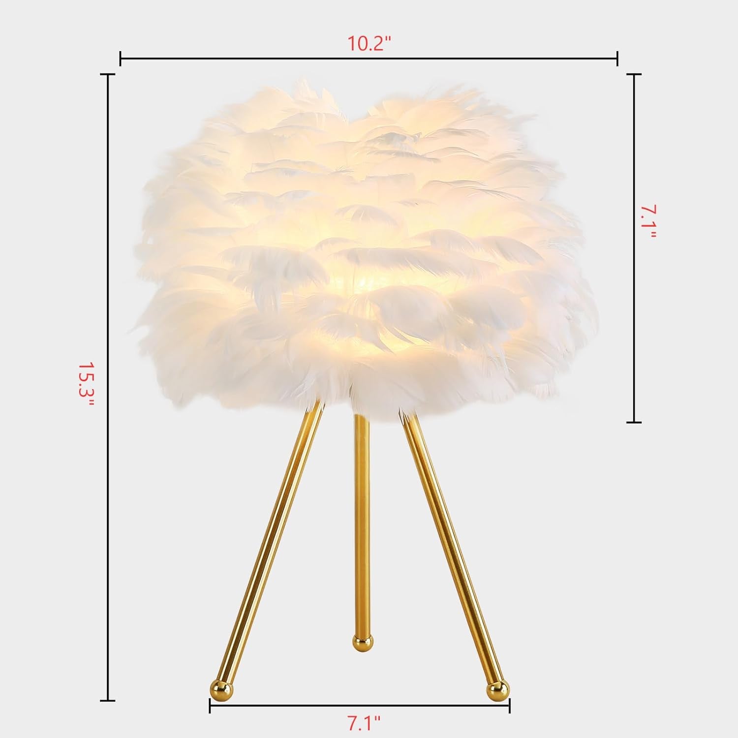 Soft Feather Tripod Table Lamp – Chic Gold Accent Light for Bedroom & Living Room (White/Pink, 15.3")