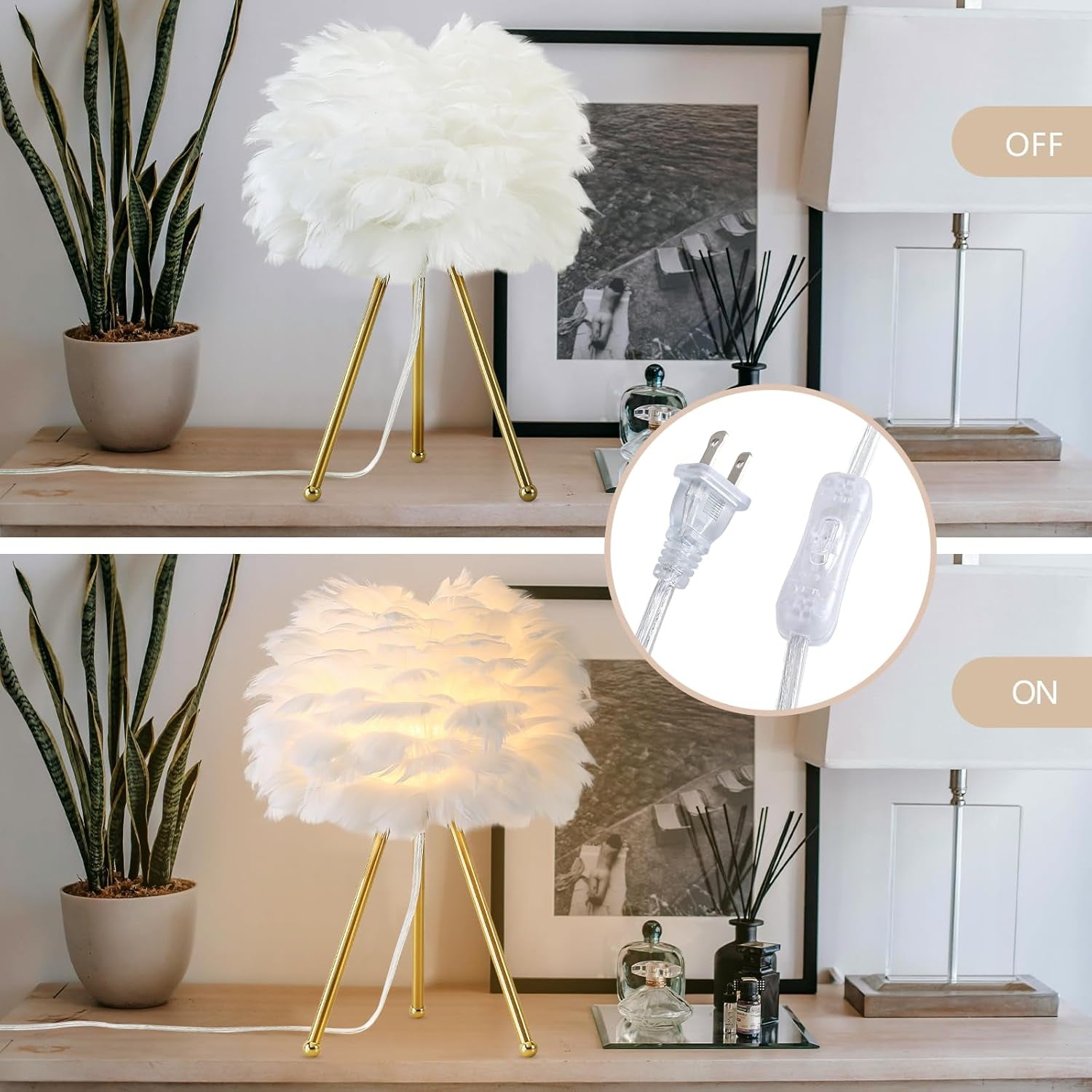 Soft Feather Tripod Table Lamp – Chic Gold Accent Light for Bedroom & Living Room (White/Pink, 15.3")