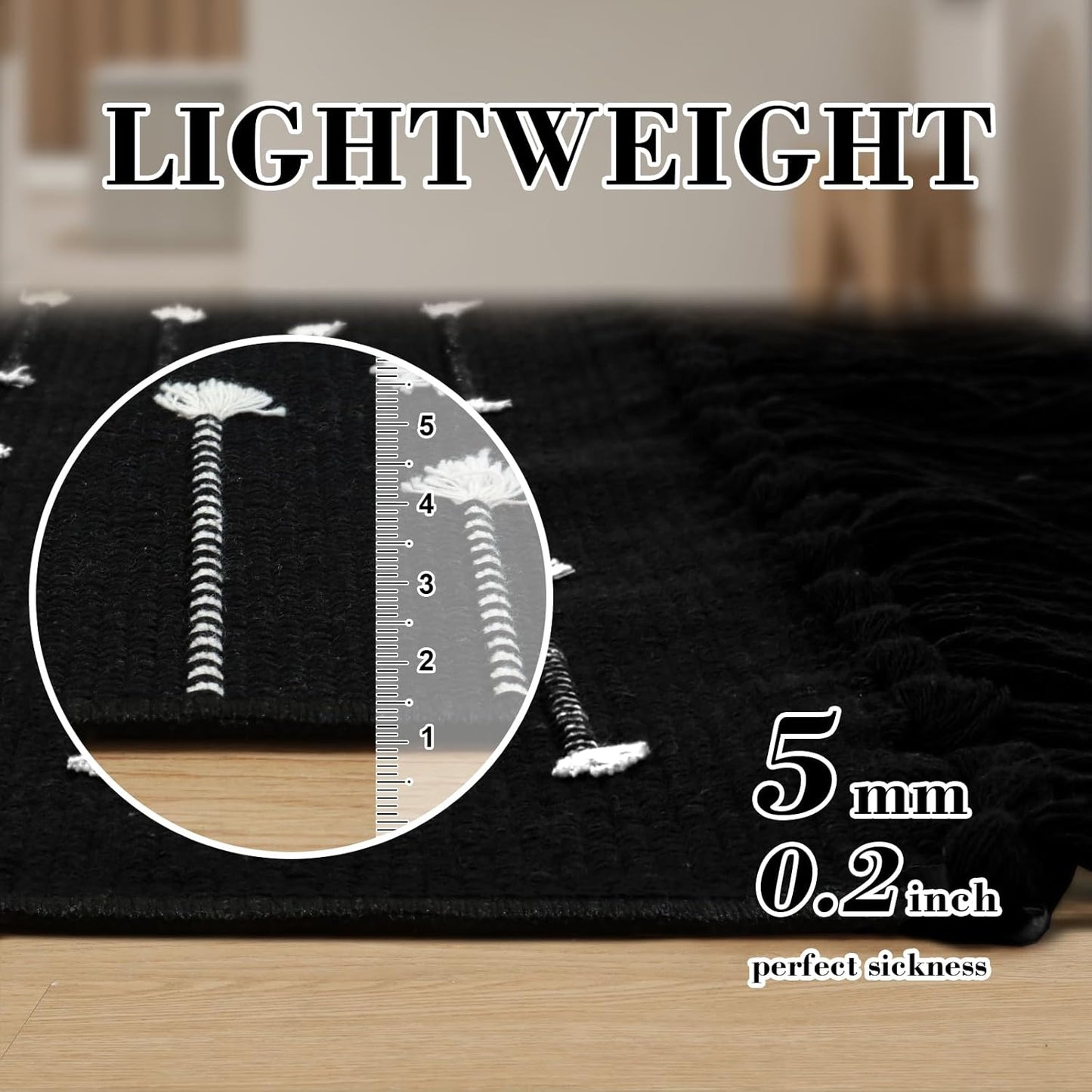 Small Black Boho Moroccan Bathroom Rug with Tassel.
