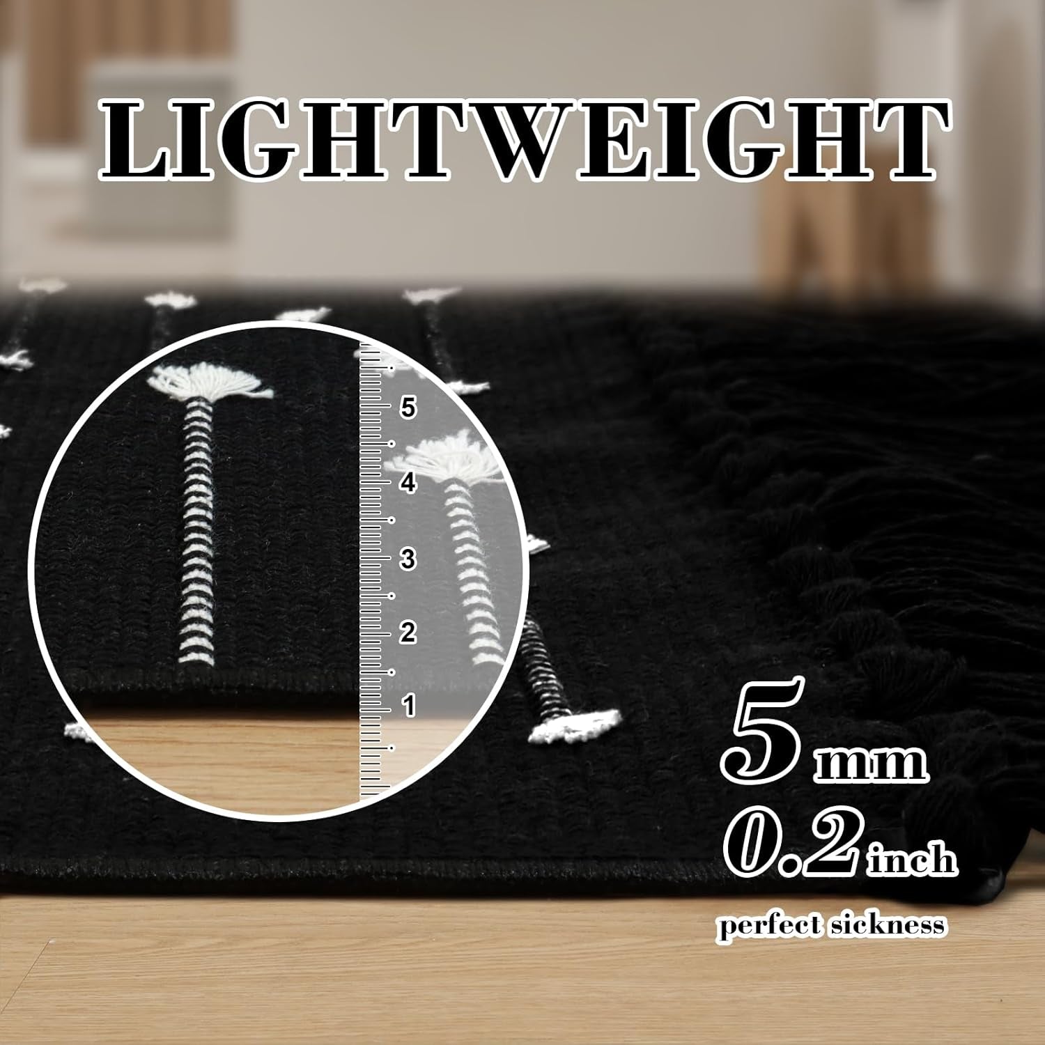 Small Black Boho Moroccan Bathroom Rug with Tassel.